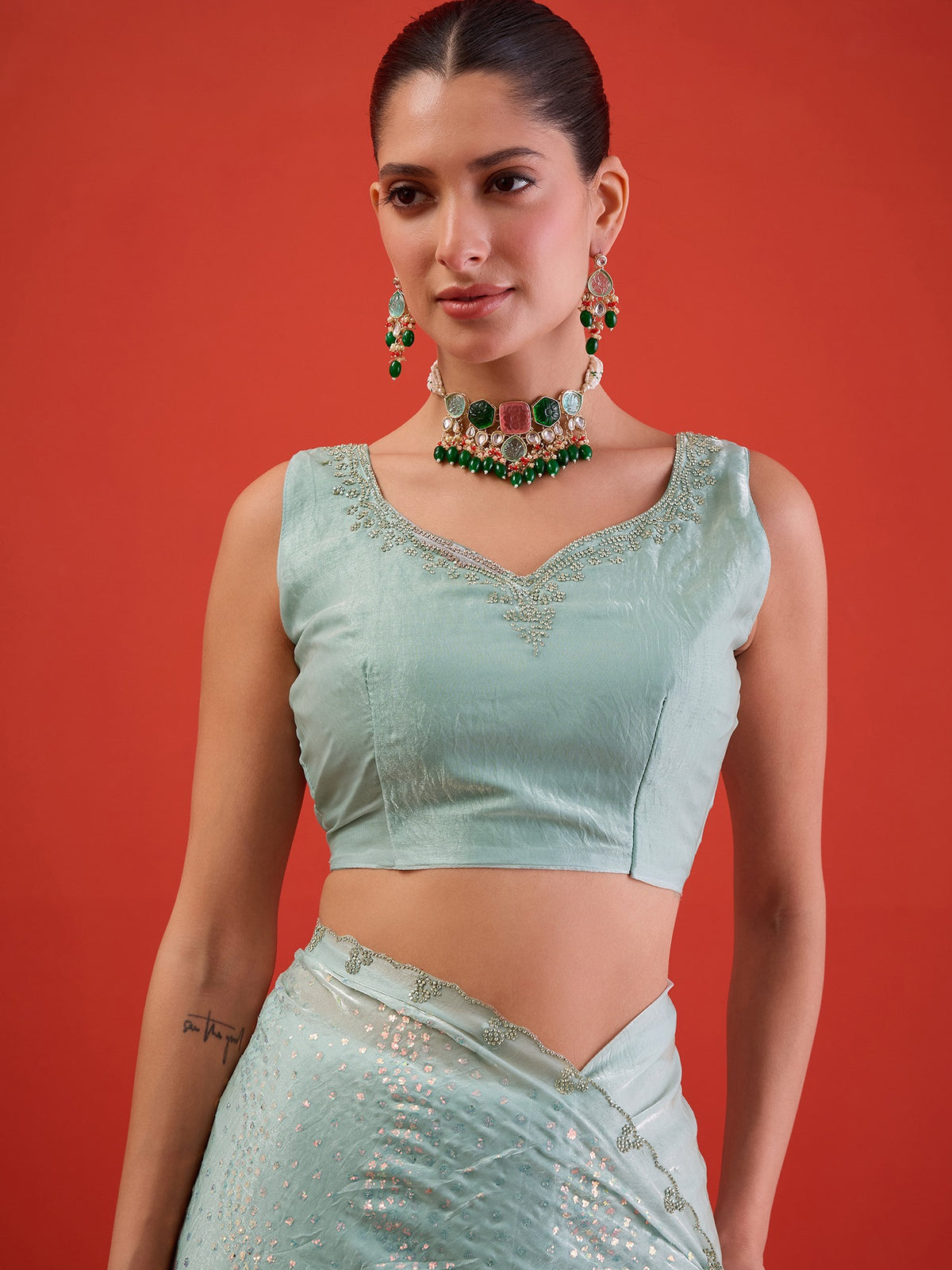 Light Blue Satin saree – detail view 5