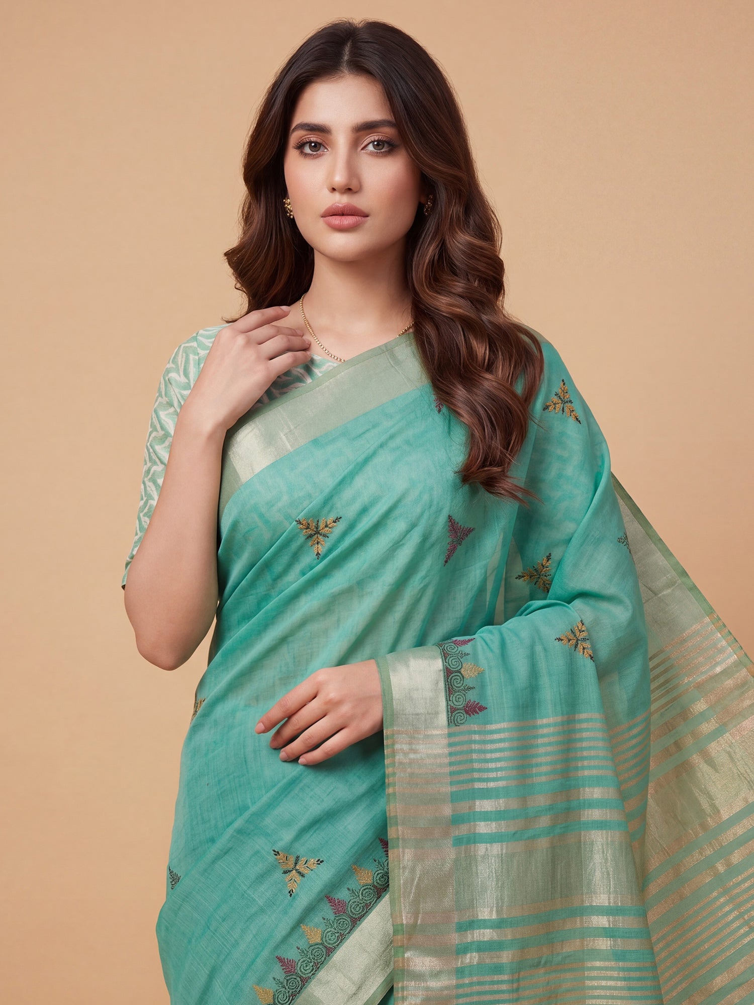 Sea Green Cotton Linen saree – detail view 4