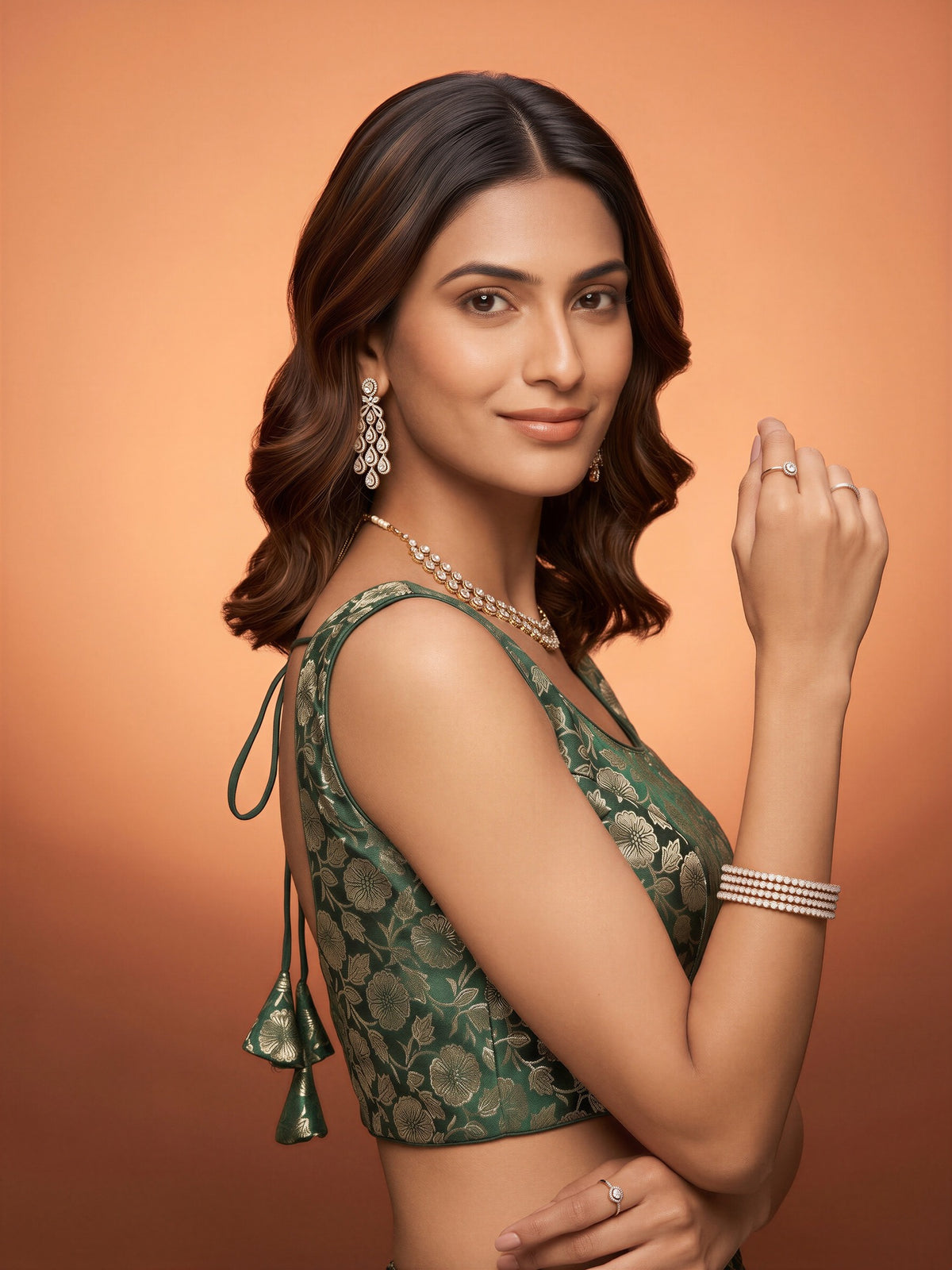 Dark Green woven brocade silk blend sleeveless readymade saree blouse with round neck view 2
