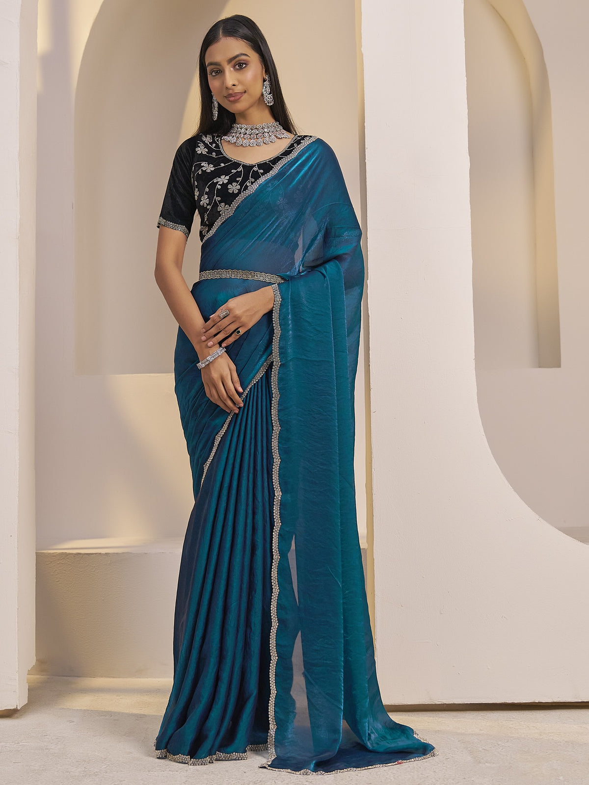 Teal Blue solid satin silk saree with black blouse piece
