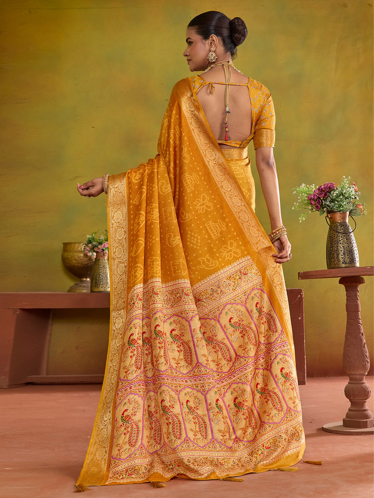 Mustard tussar silk saree view 2