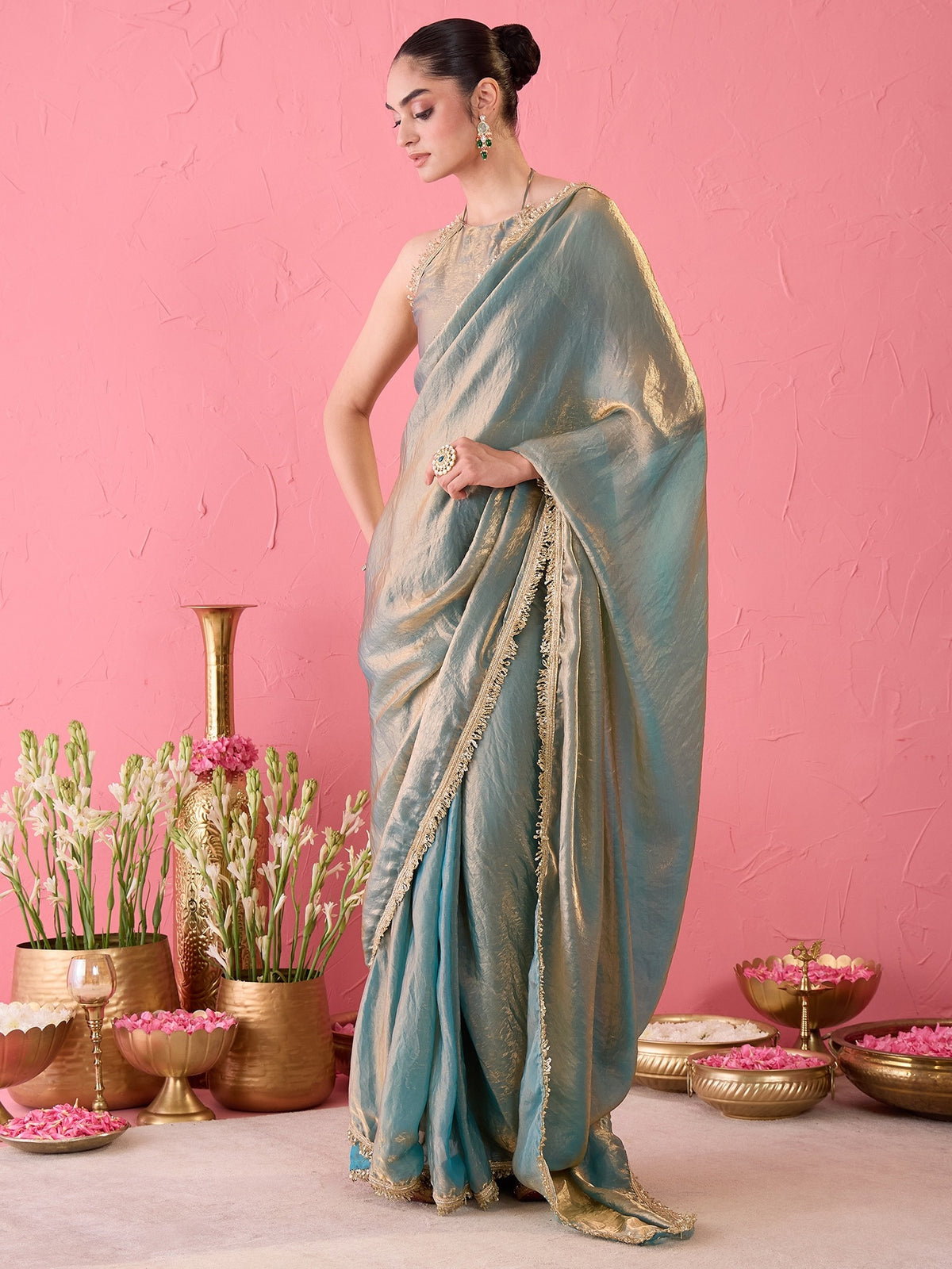 Teal Blue Paper Silk saree – detail view 4