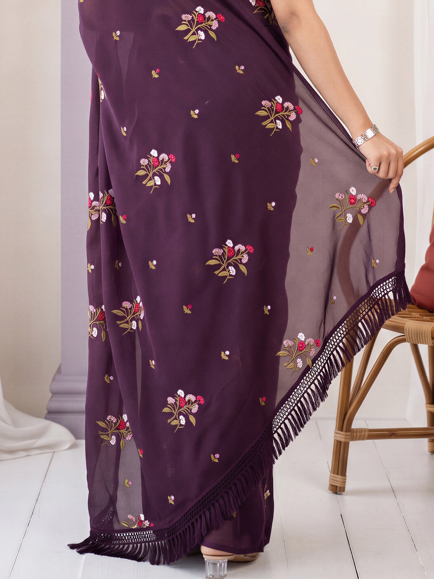 Wine Kota Doria Cotton saree – detail view 5