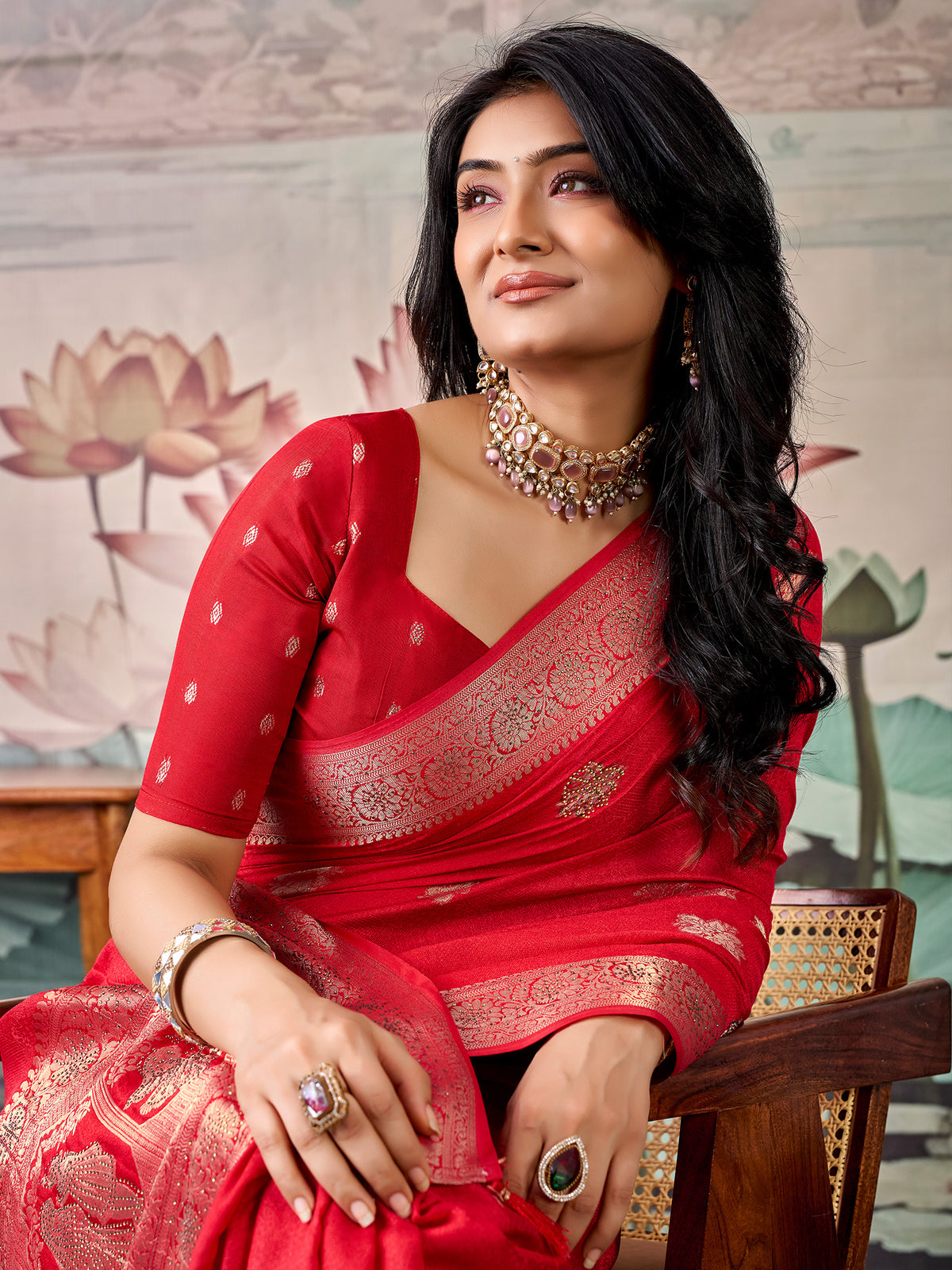 Red Georgette saree – detail view 2