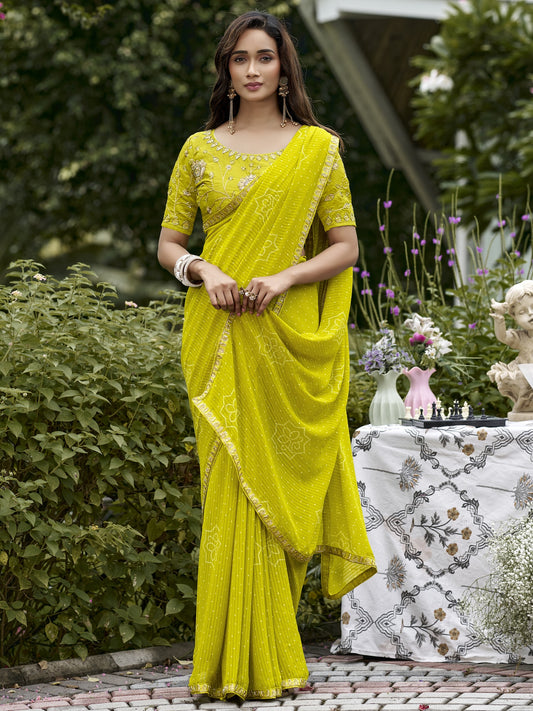 Lime Green georgette saree view 1