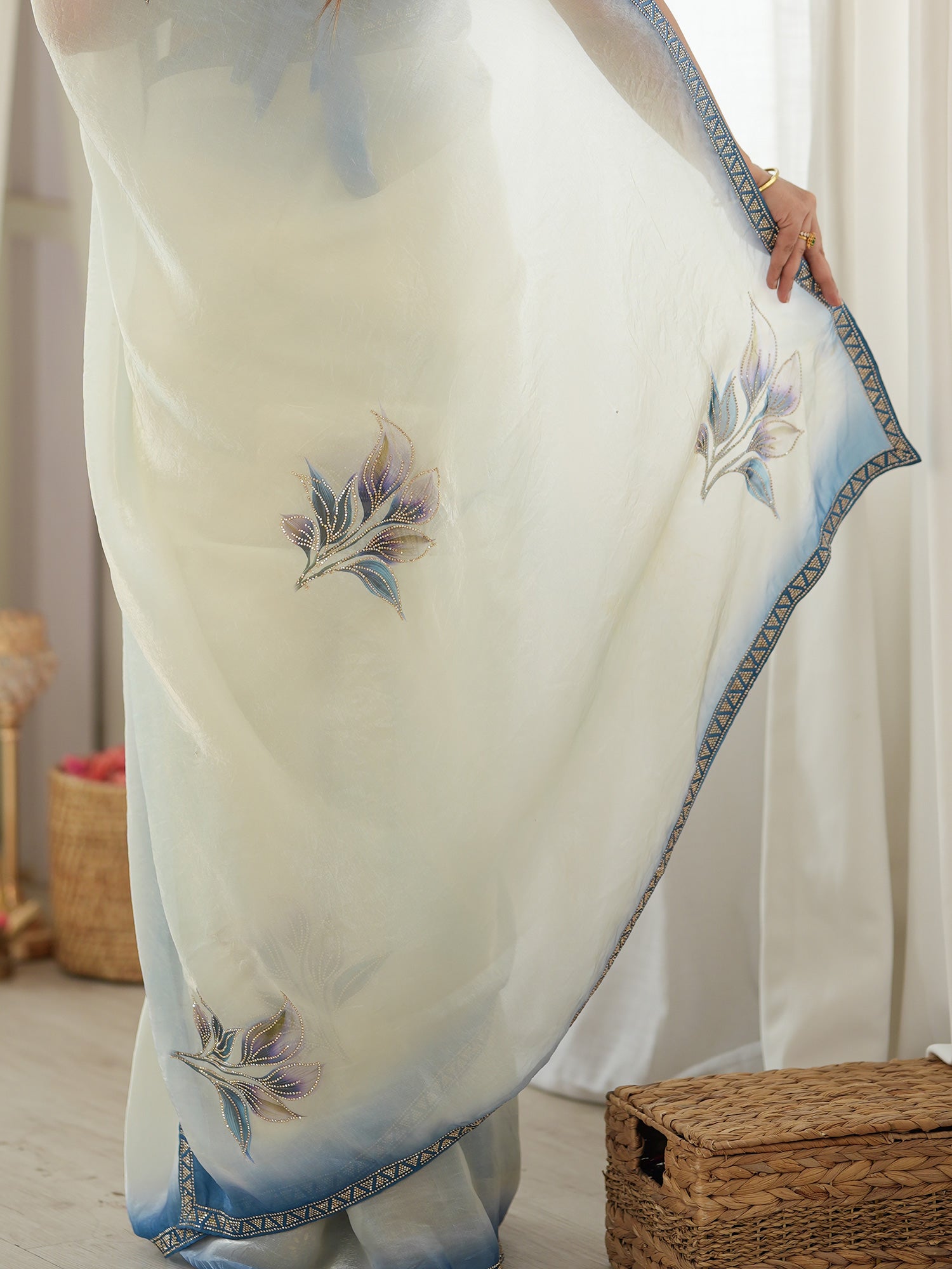 Off White Satin saree – detail view 5