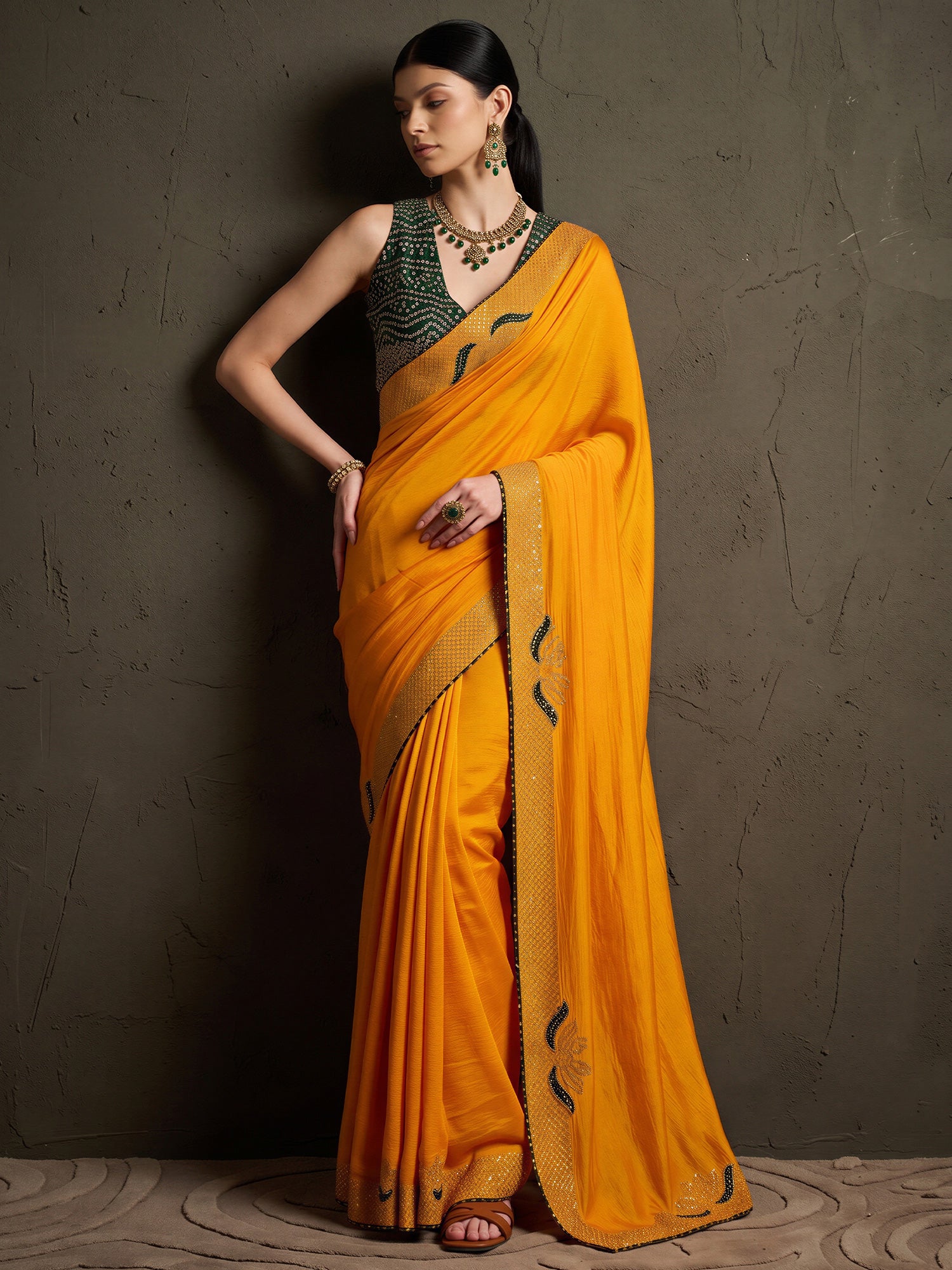 Yellow Vichitra Silk saree – detail view 3