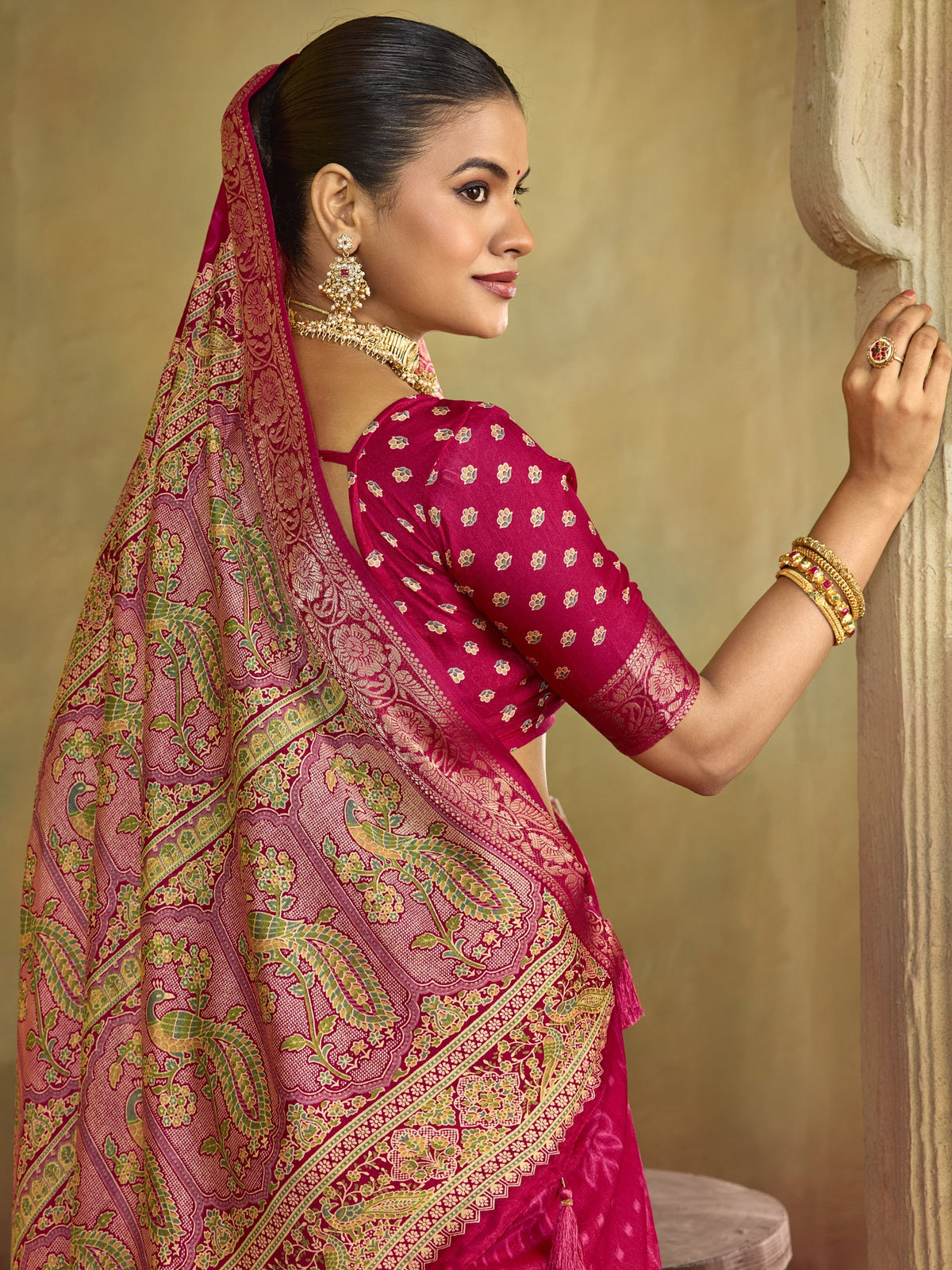 Pink tussar silk saree view 3