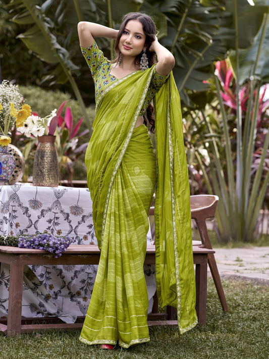 Lime Green Chiffon saree – detail view 1
