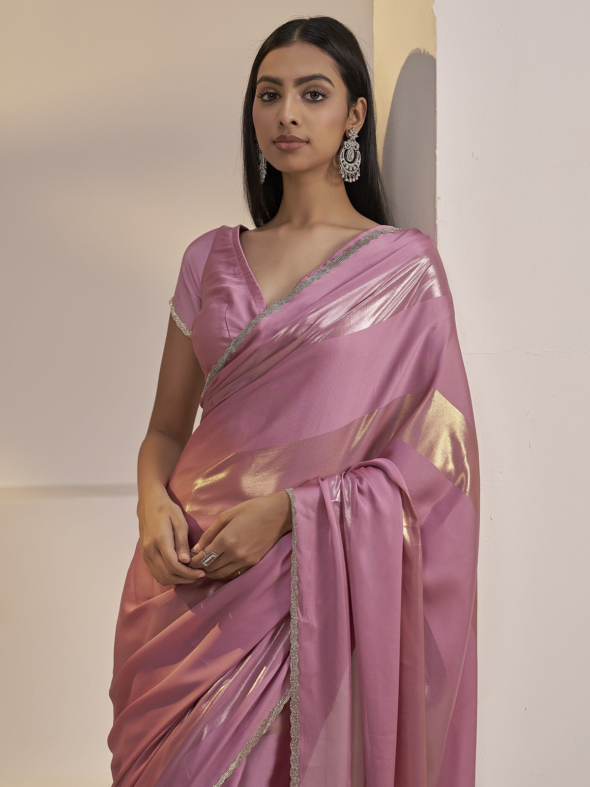 Lavender satin silk saree view 5