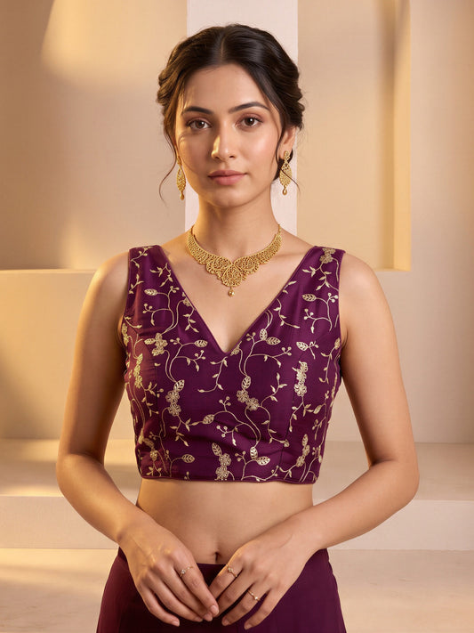 Wine sequin embroidered vichitra silk sleeveless readymade saree blouse with v neck