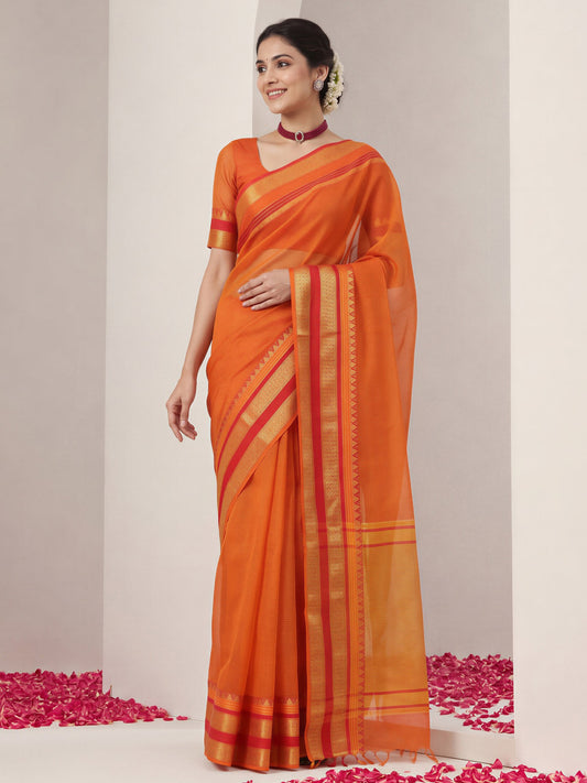 Orange solid kota doria cotton saree with orange blouse piece