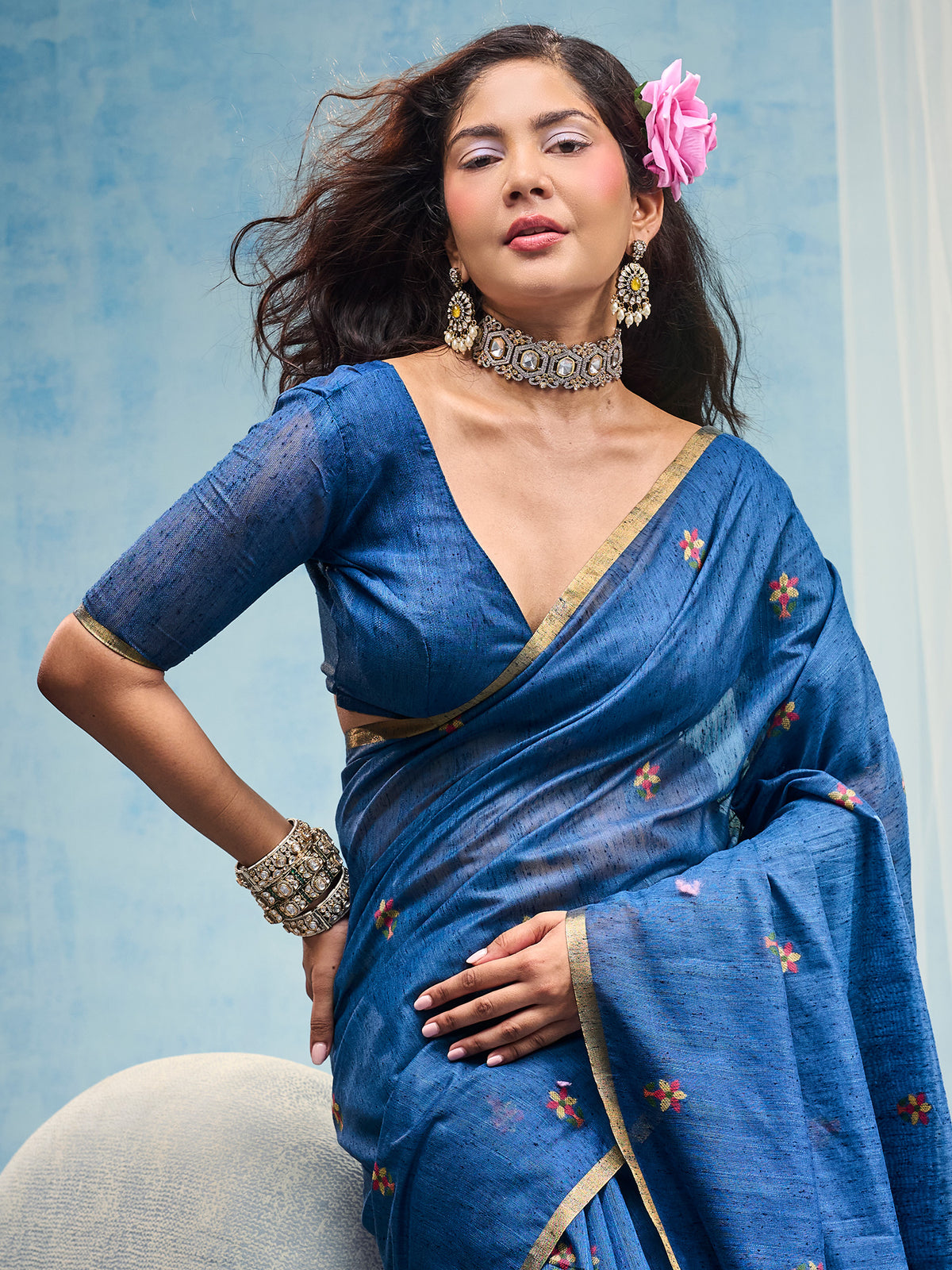 Blue Muga Cotton saree – detail view 4