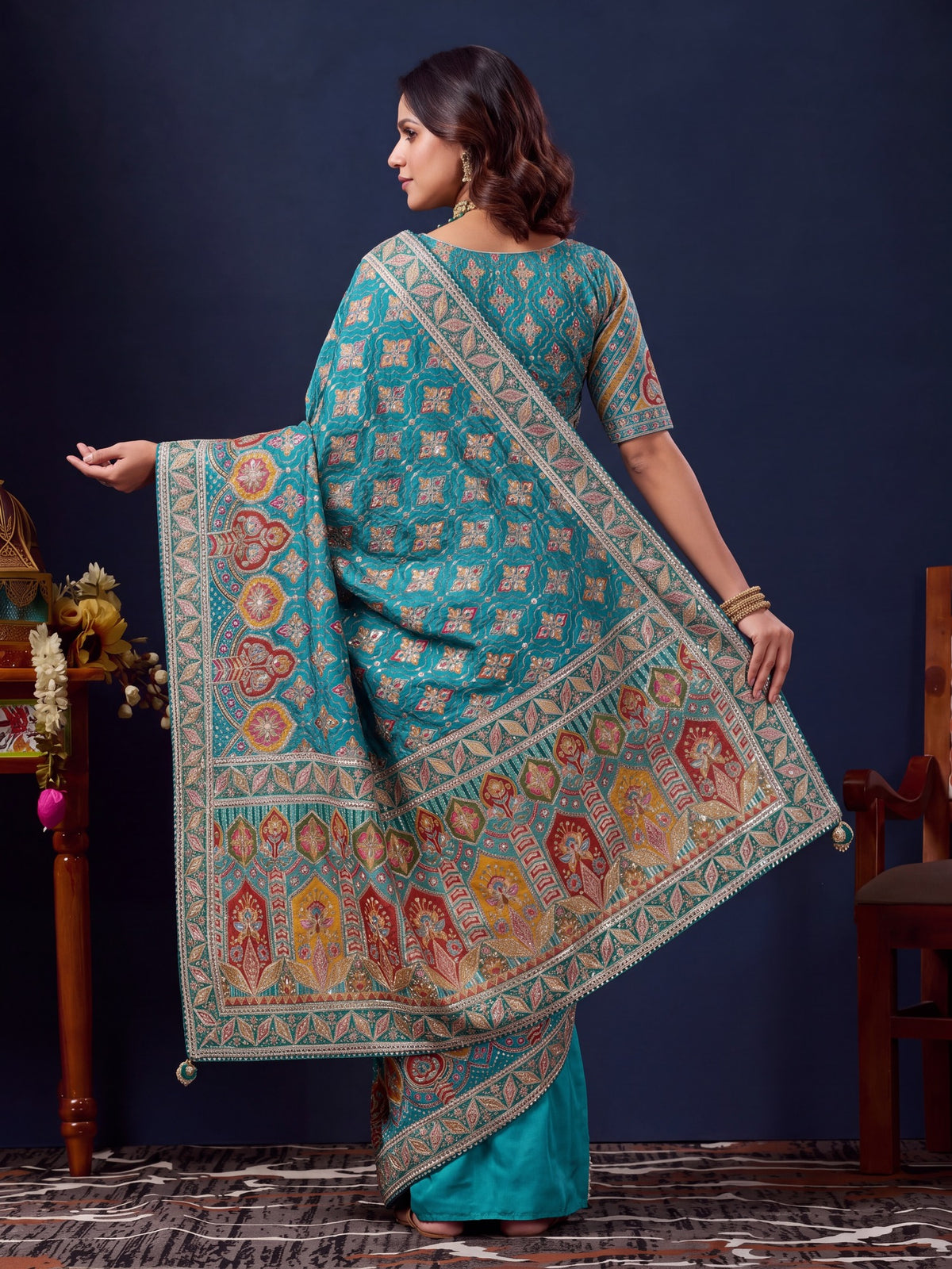 Teal Blue Silk Blend saree – detail view 1
