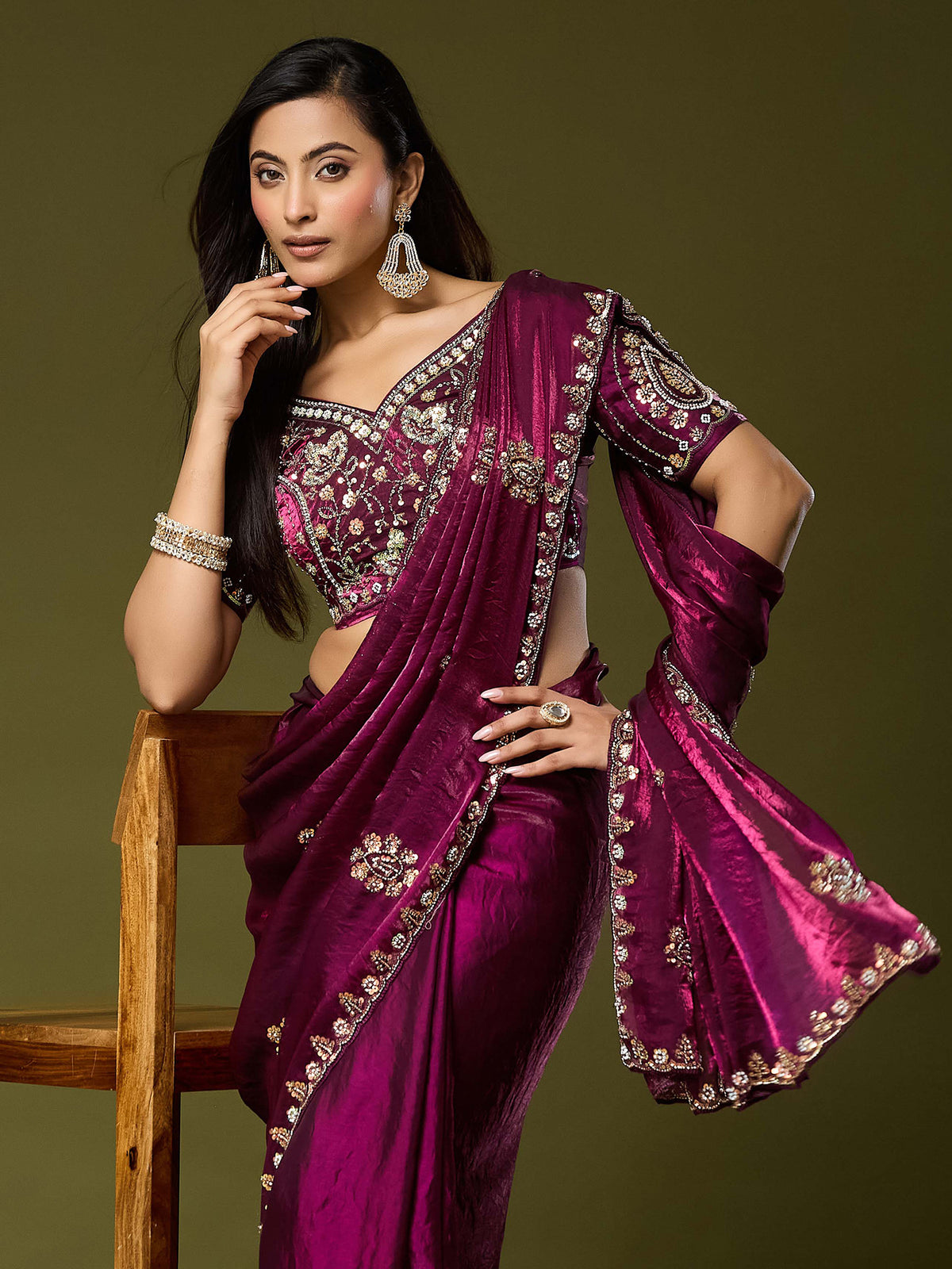 Wine Satin Silk saree – detail view 4
