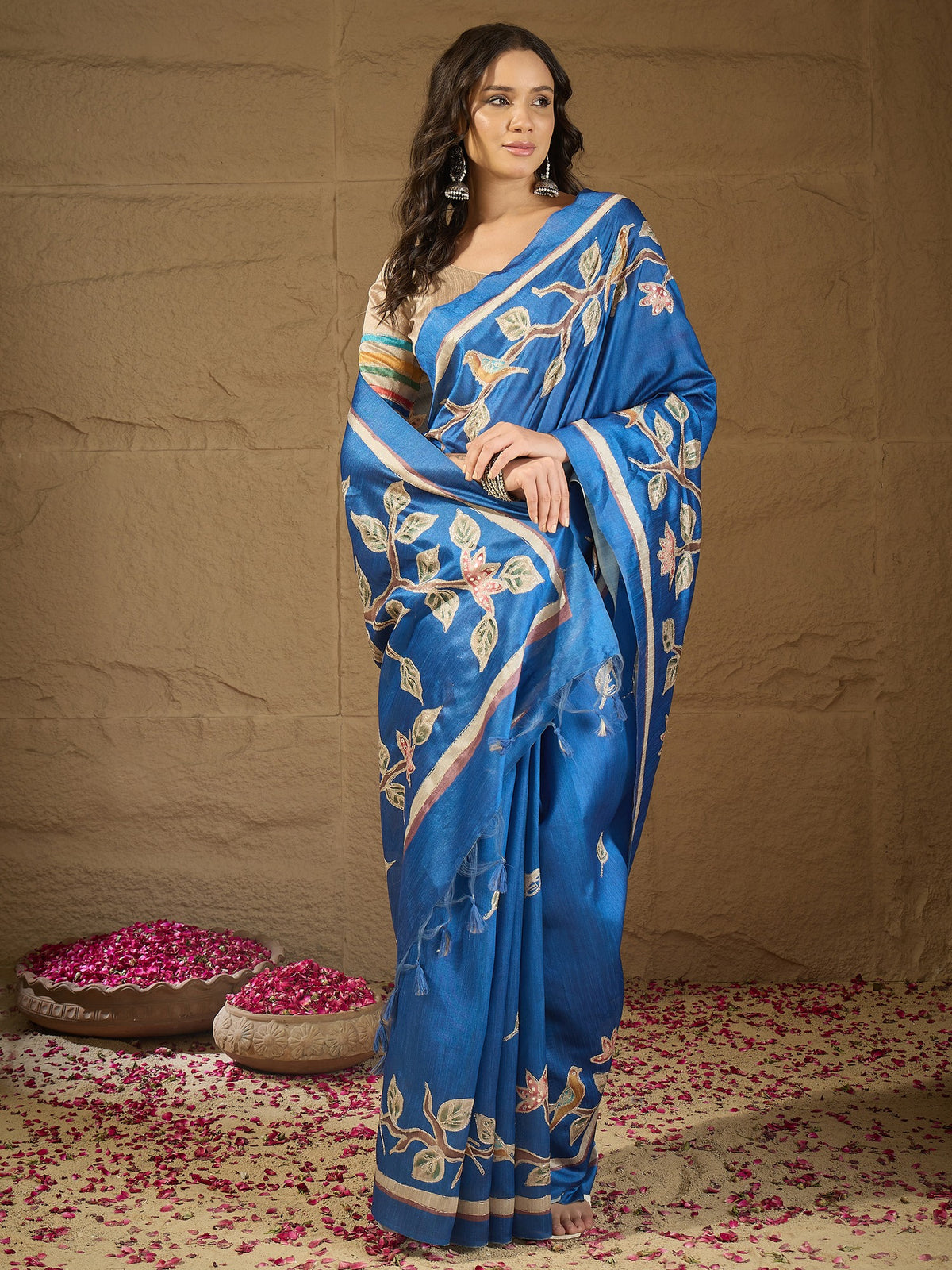Blue art silk saree view 4