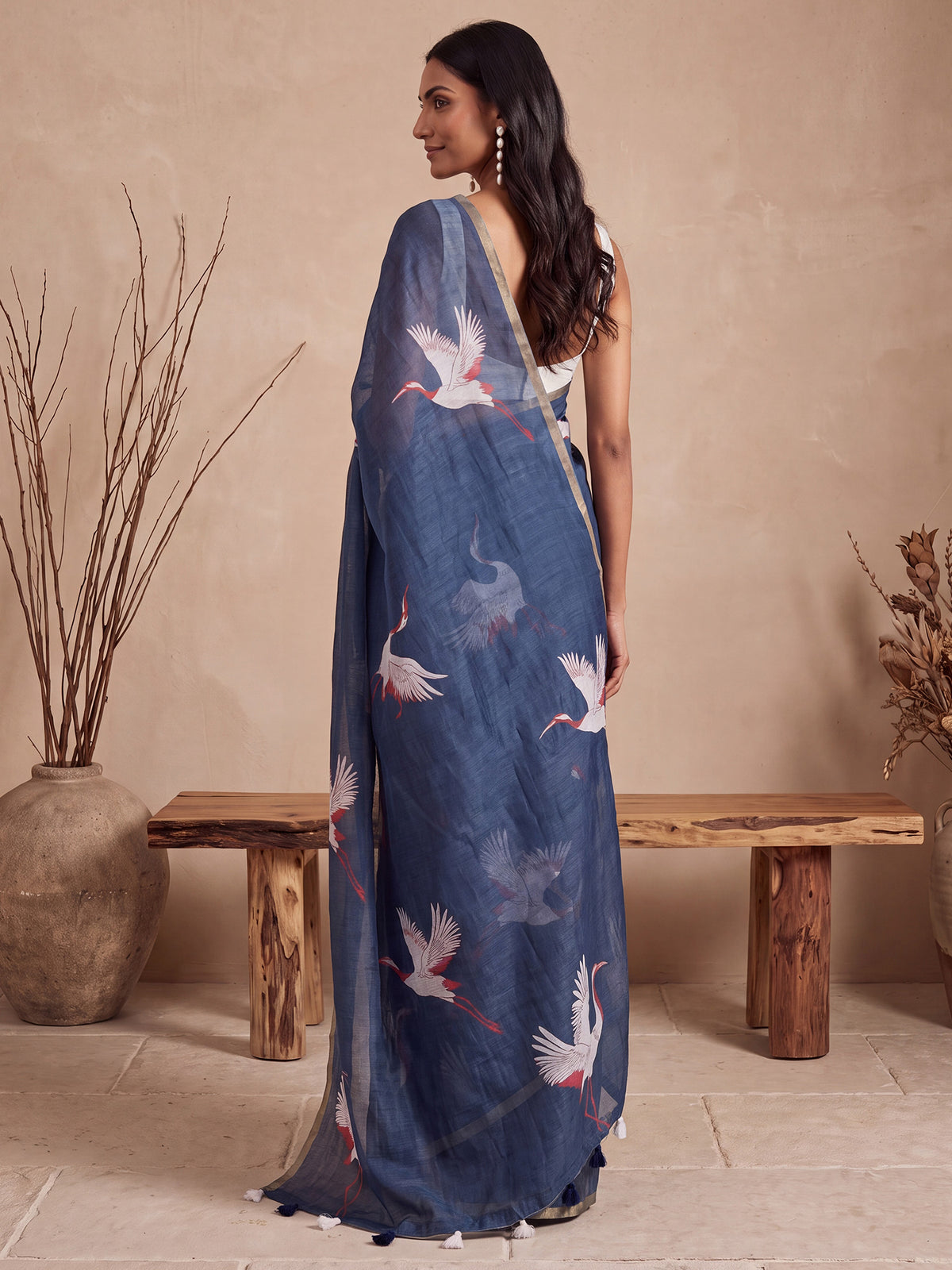Navy Blue Cotton Linen saree – detail view 1