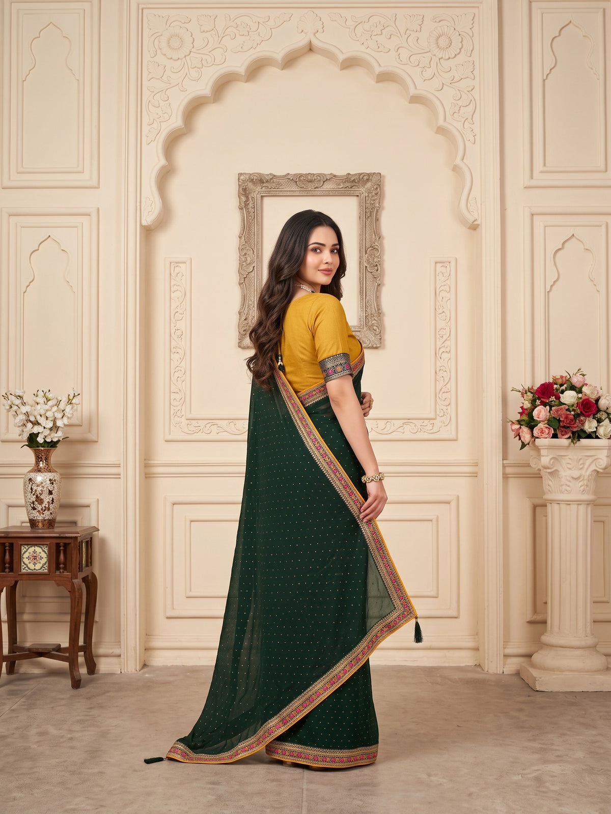 Green Vichitra Silk saree – detail view 1