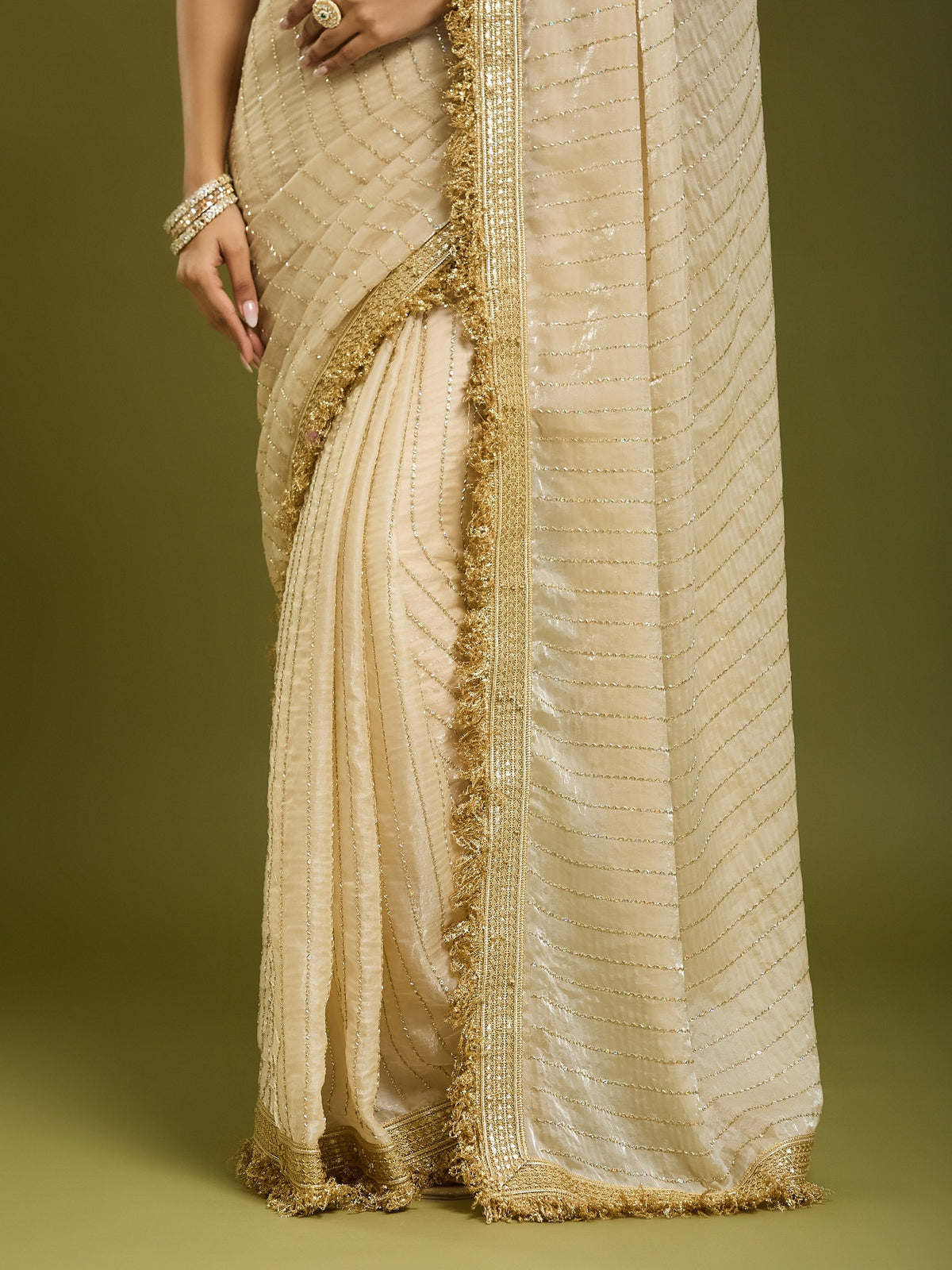 Cream Satin saree – detail view 5