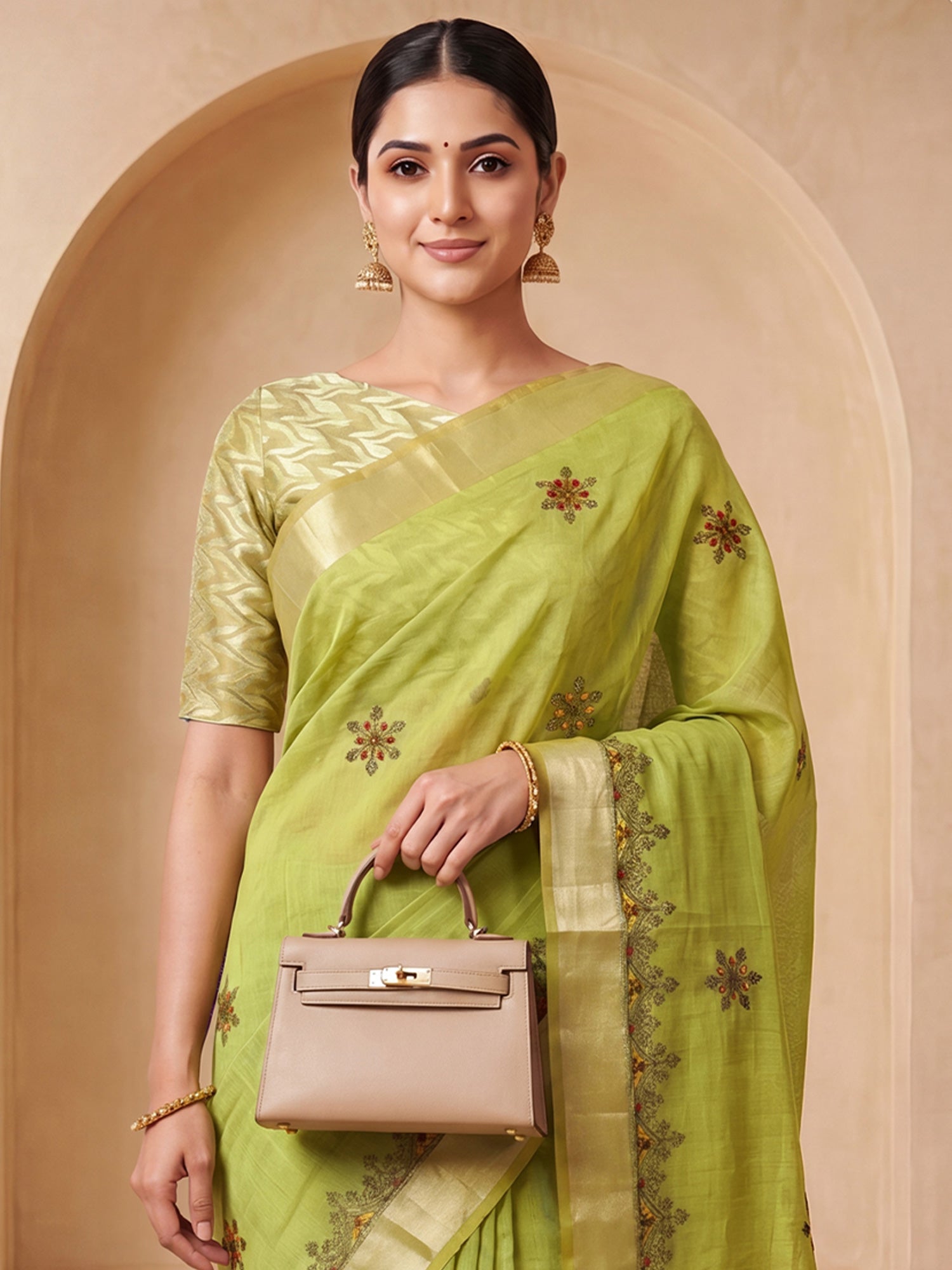 Lime Green Cotton Linen saree – detail view 3