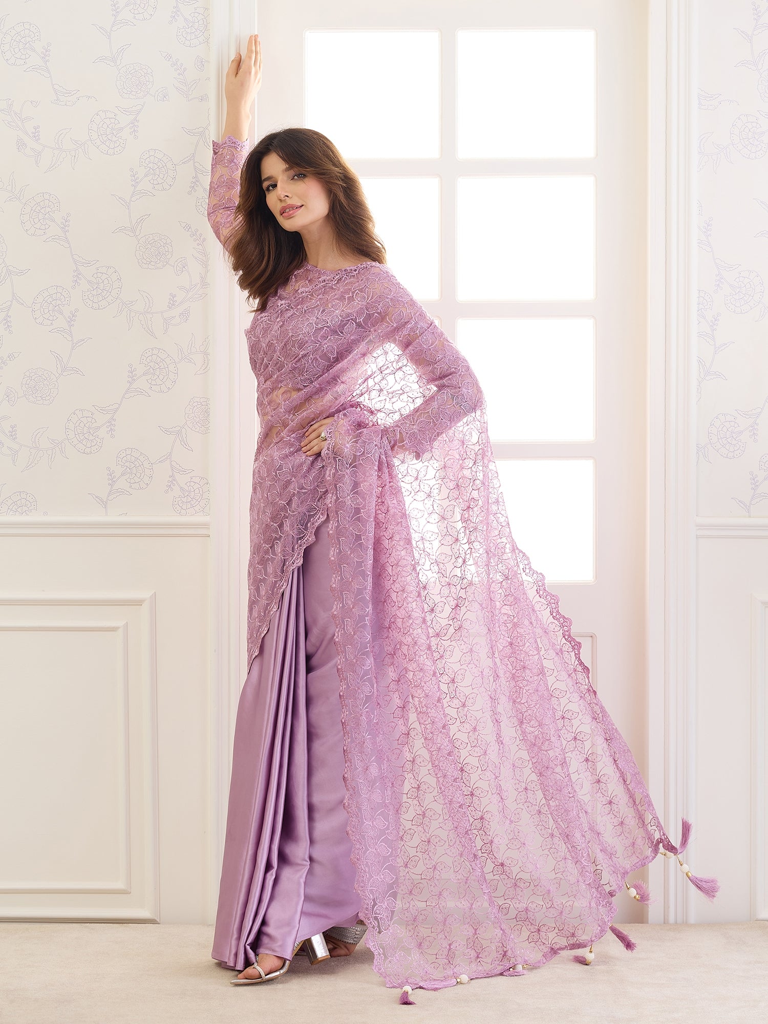 Lavender Net saree – detail view 3
