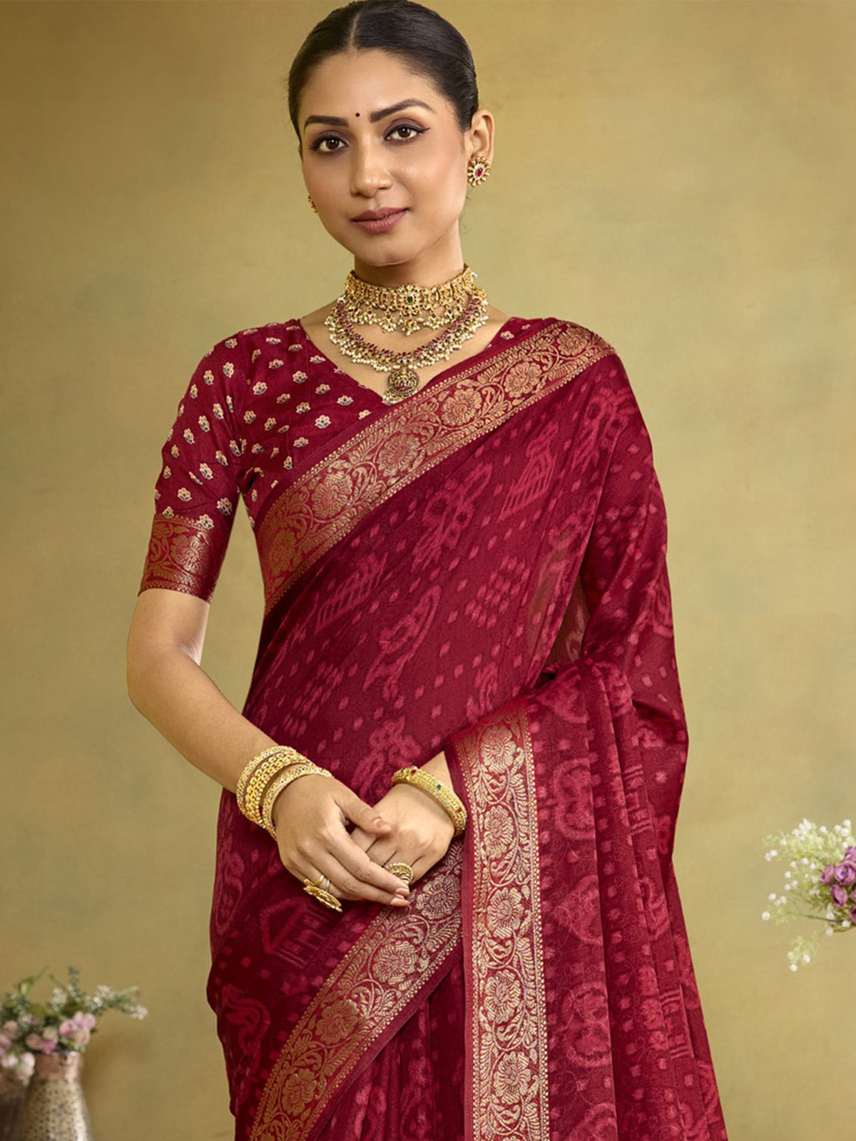 Maroon tussar silk saree view 5