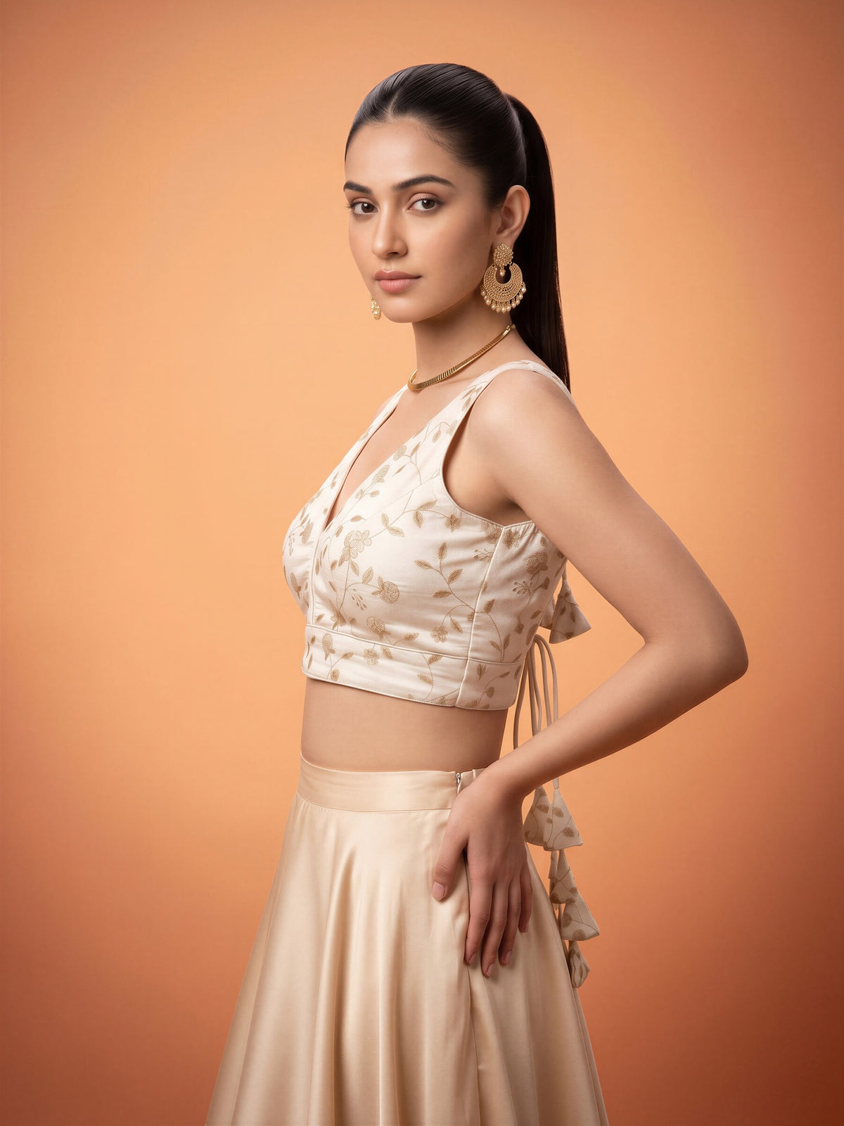 White sequin embellished silk blend sleeveless readymade saree blouse with v neck view 2