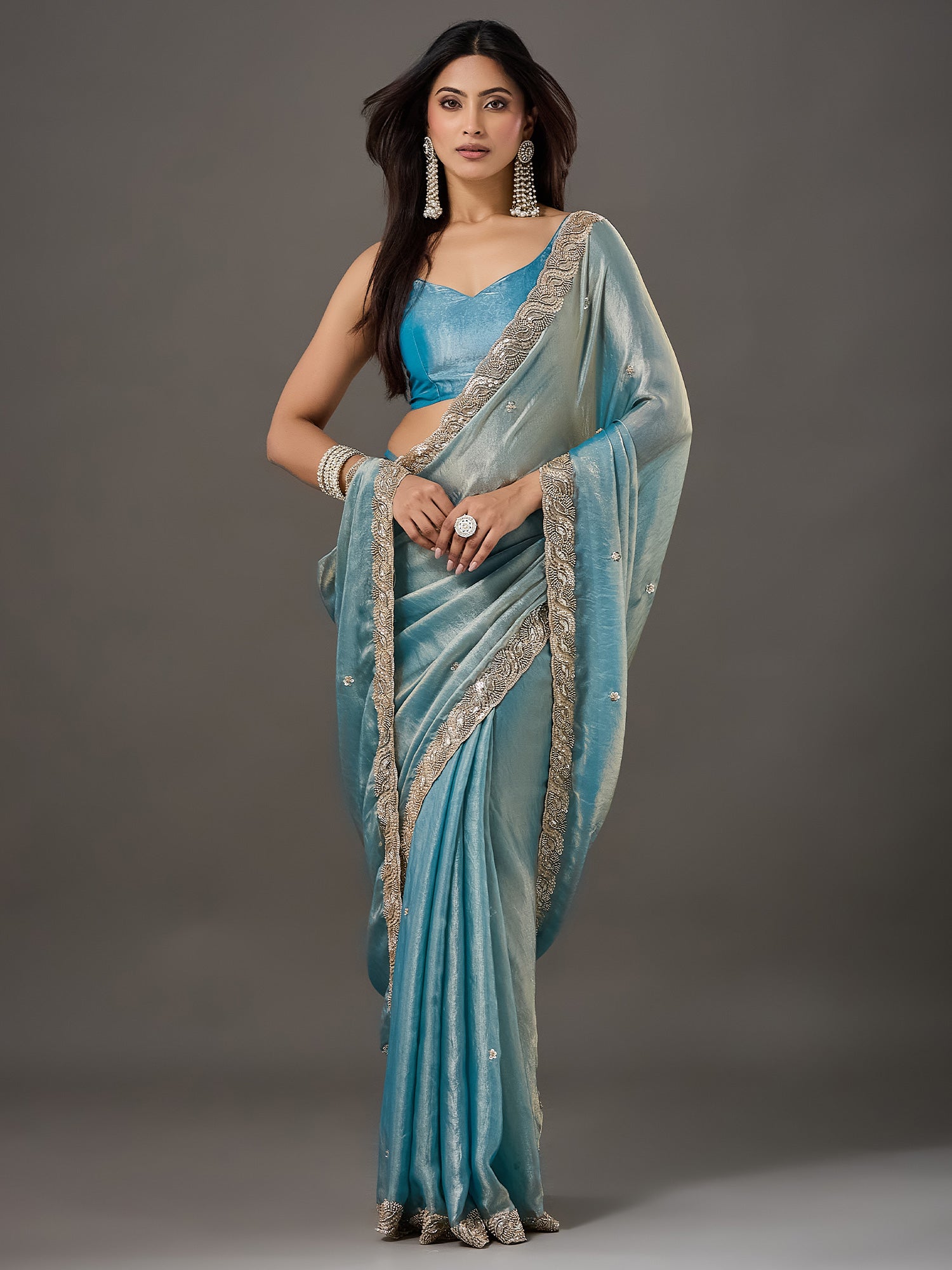 Light Blue Satin saree – detail view 1