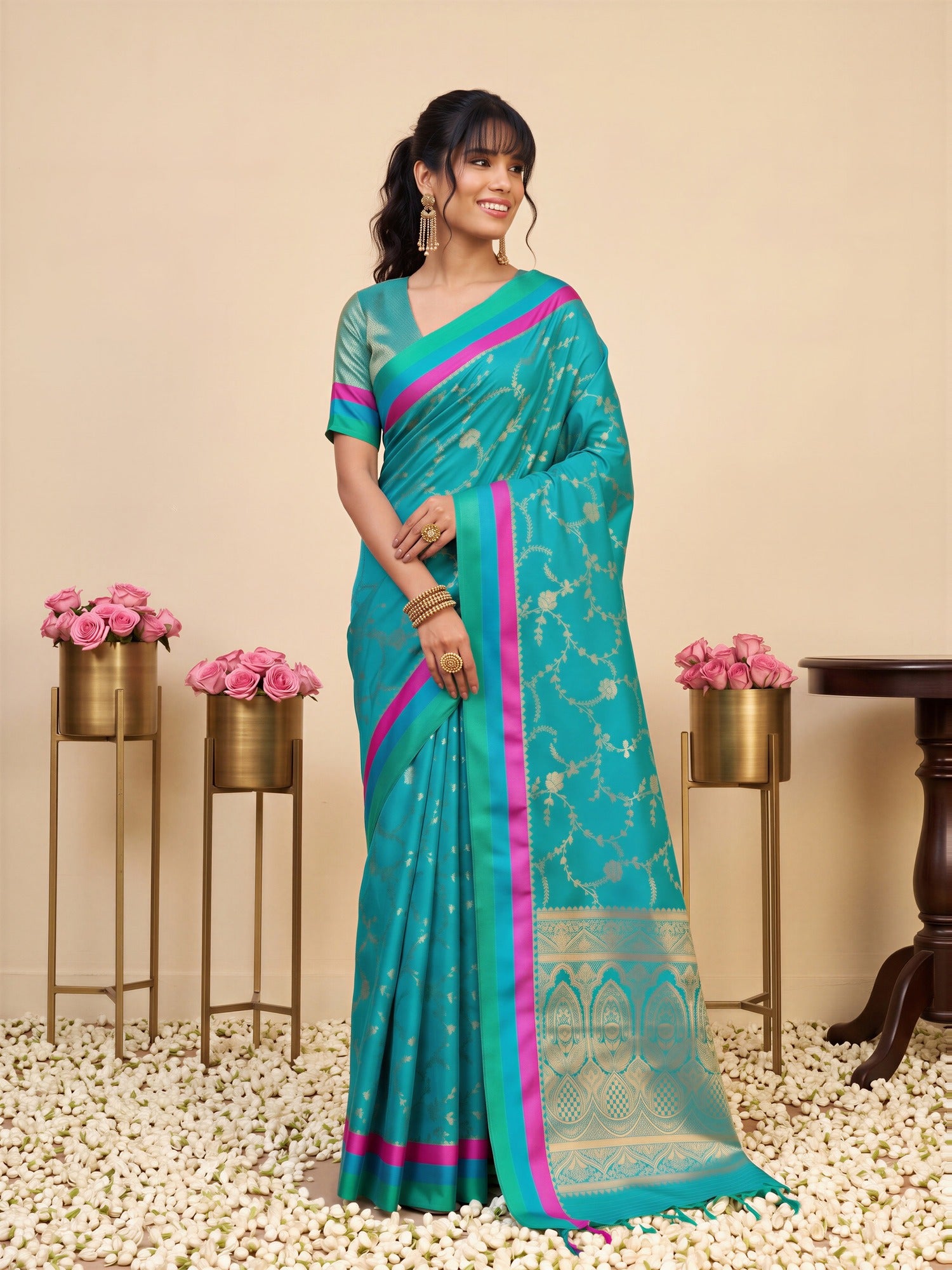 Teal Blue Pure Silk saree – detail view 3