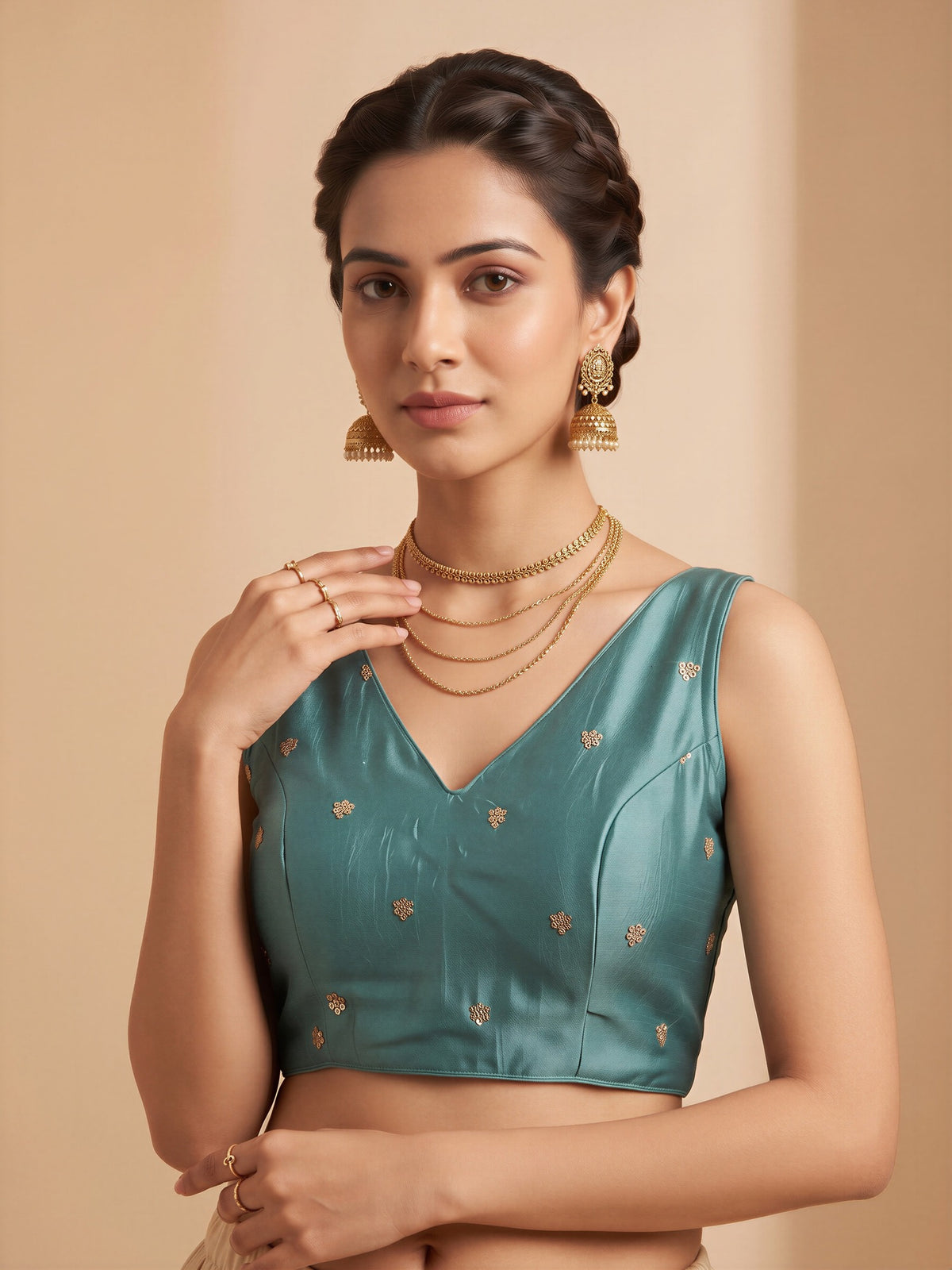Turquoise Blue sequin embellished vichitra silk sleeveless readymade saree blouse with v neck view 3