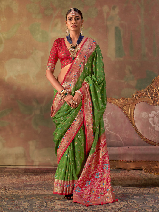 Woman wearing olive silk blend saree with traditional indian motif work and red blouse