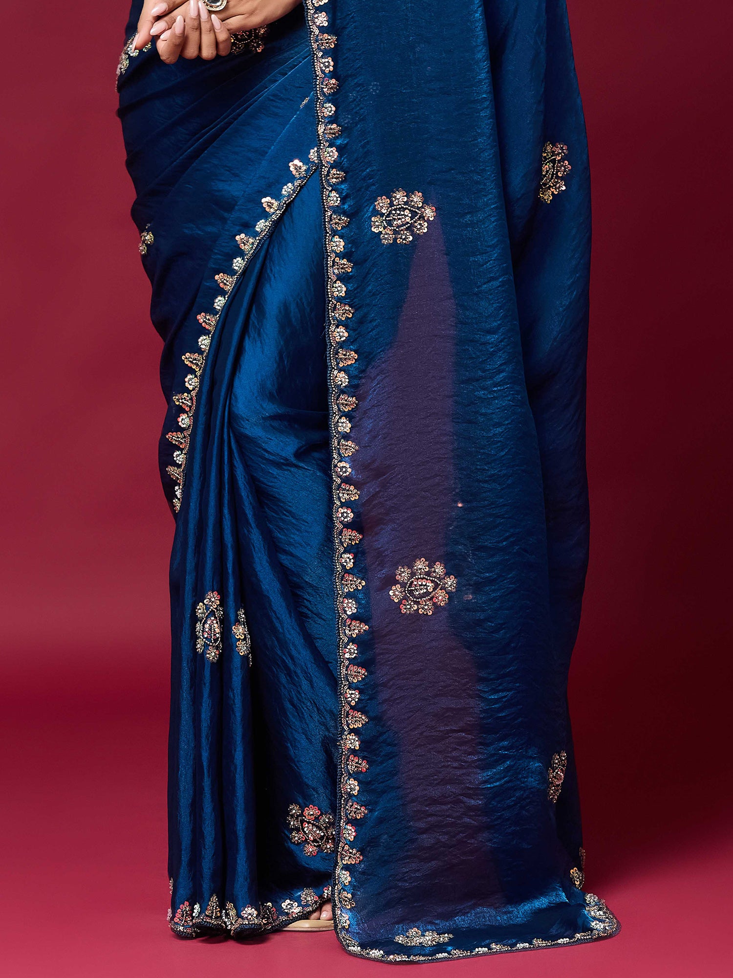 Teal Blue Satin Silk saree – detail view 5