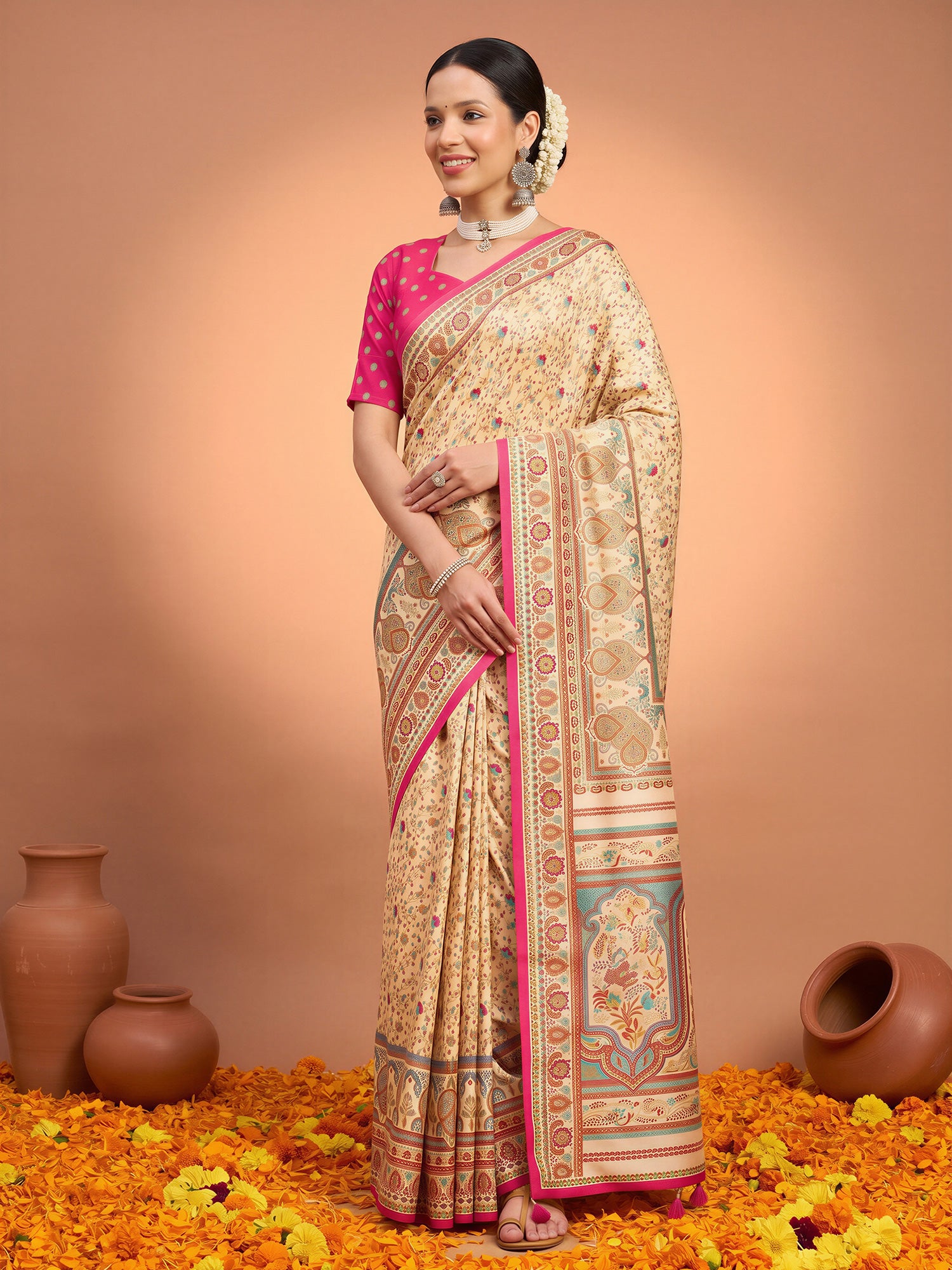 Woman wearing cream silk blend saree with metallic foil print work and pink blouse