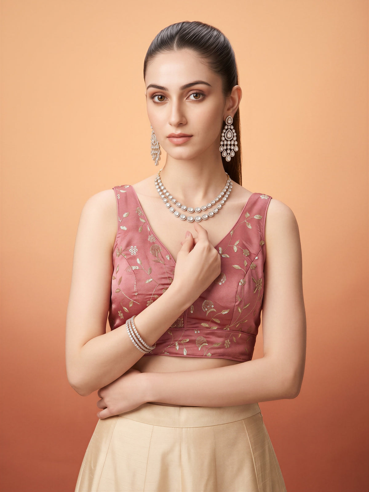 Rose Gold sequin embellished silk blend sleeveless readymade saree blouse with v neck view 2