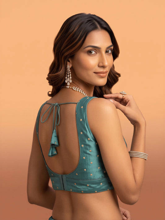 Light Blue sequin embellished silk blend sleeveless readymade saree blouse with v neck view 1
