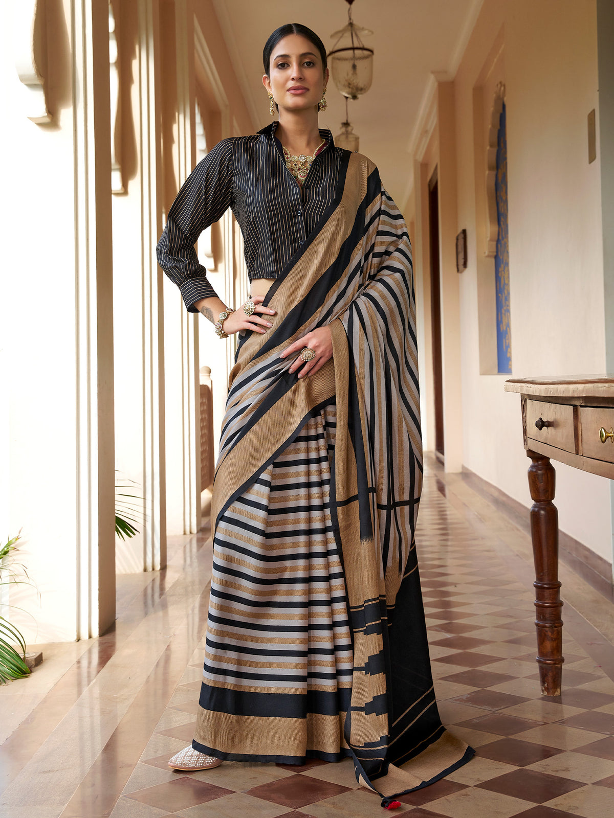 Black striped crepe saree with black blouse piece