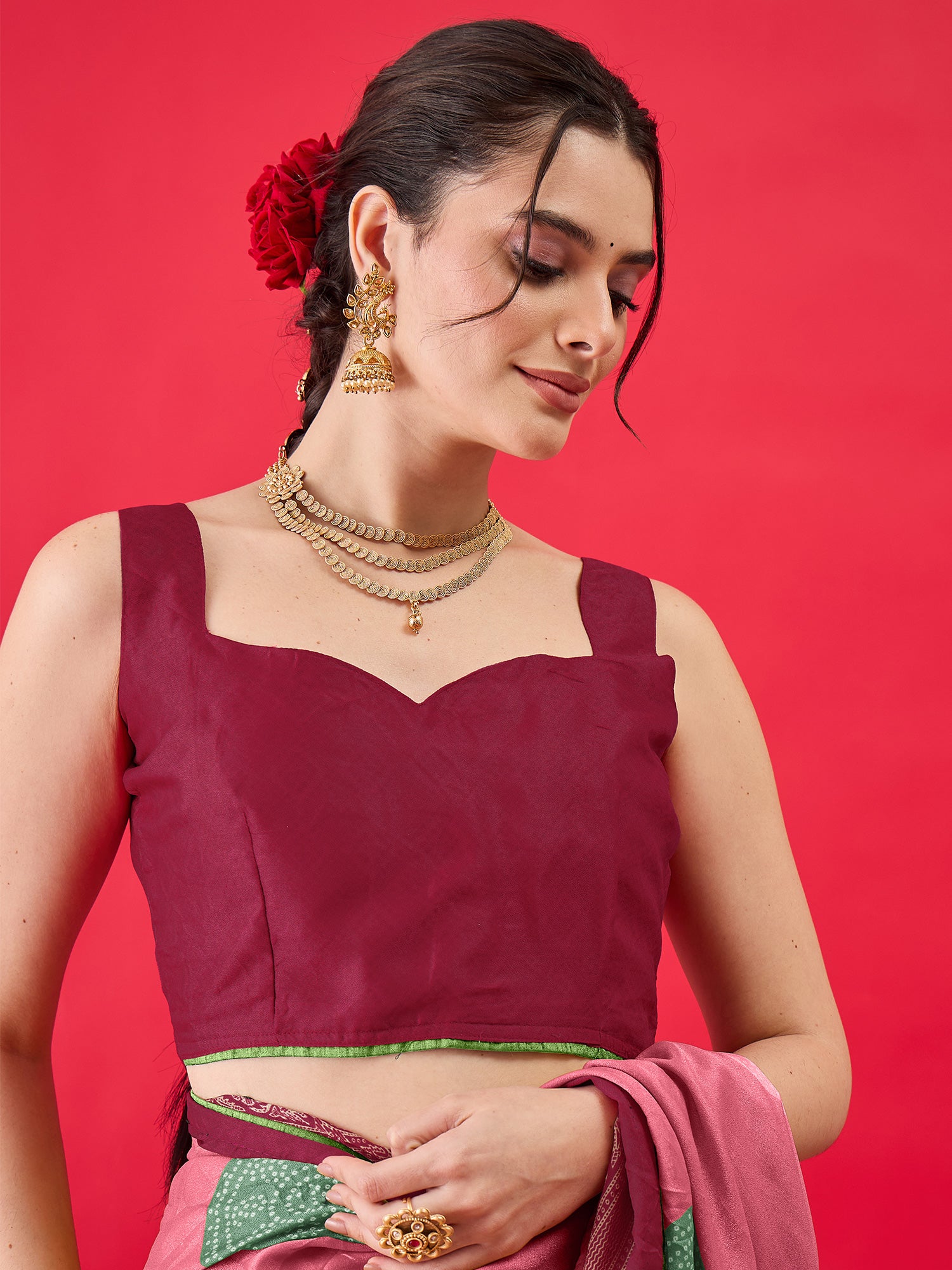 Unstitched maroon georgette blouse piece with solid design