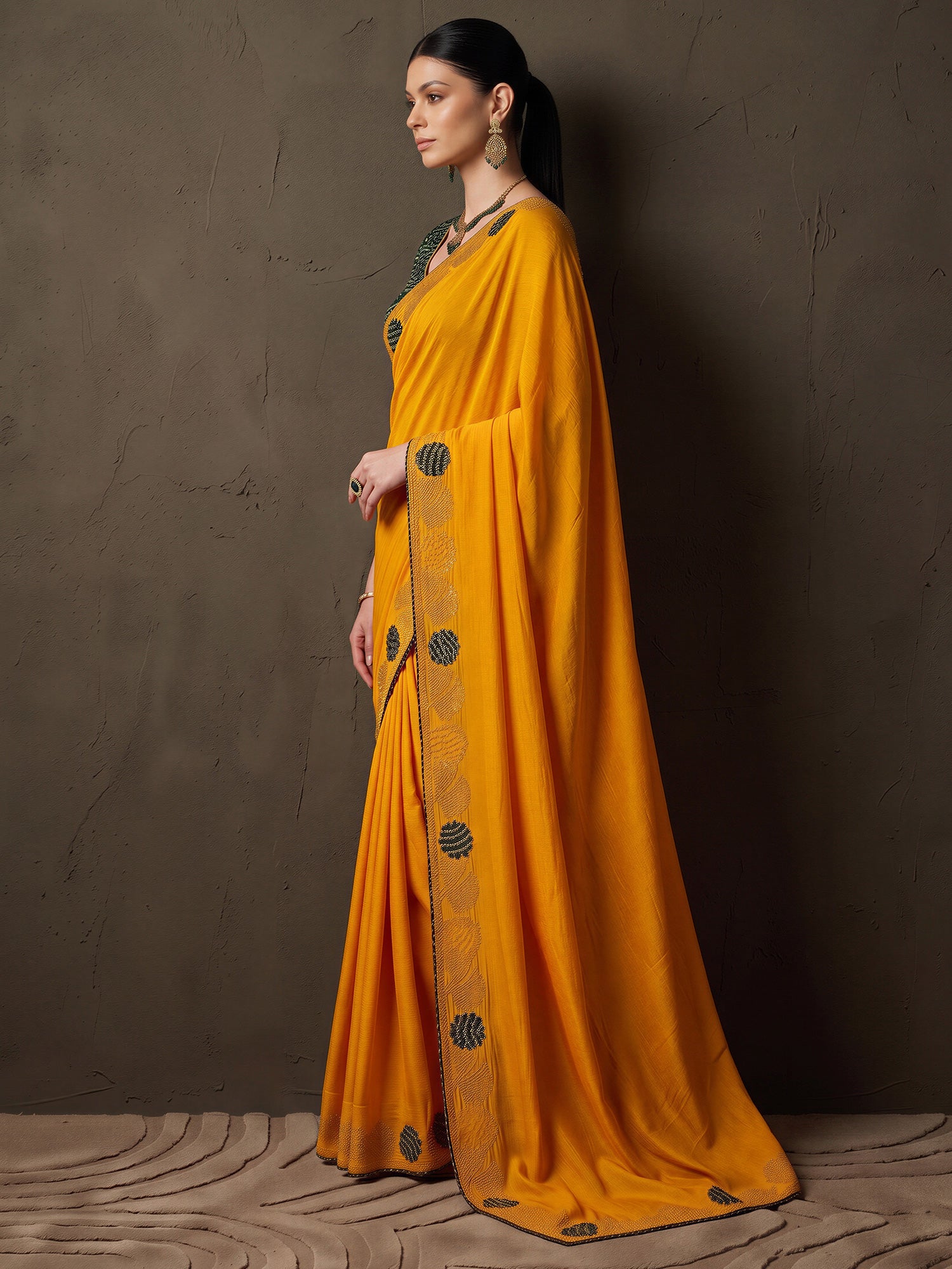 Mustard Vichitra Silk saree – detail view 2