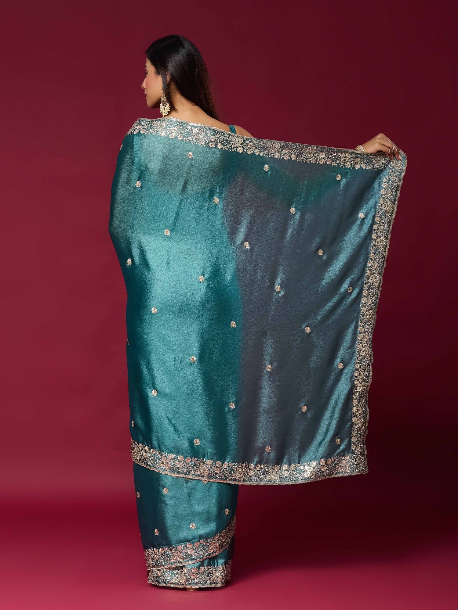 Teal Blue Chinnon saree – detail view 4