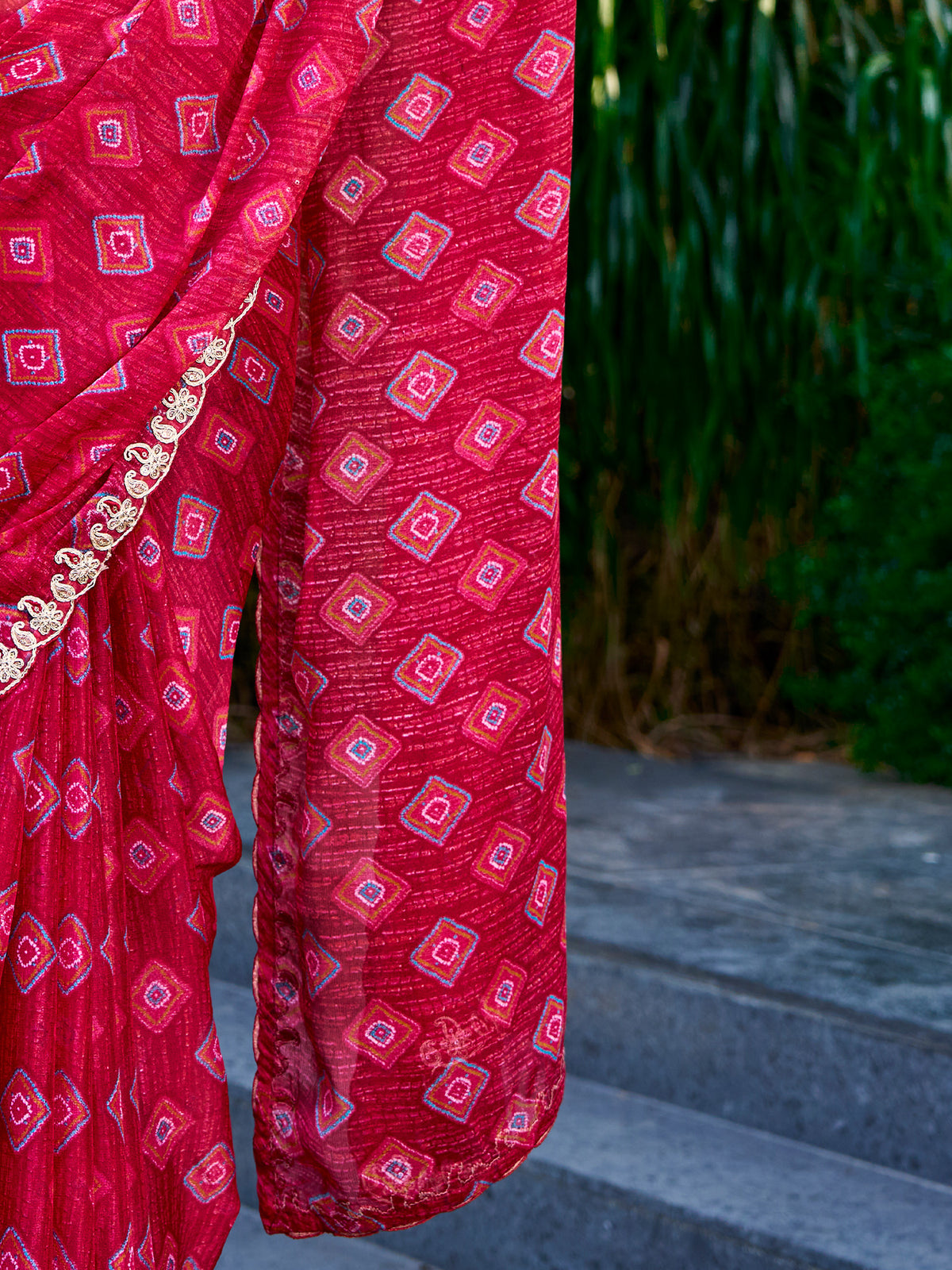 Red Georgette saree – detail view 4
