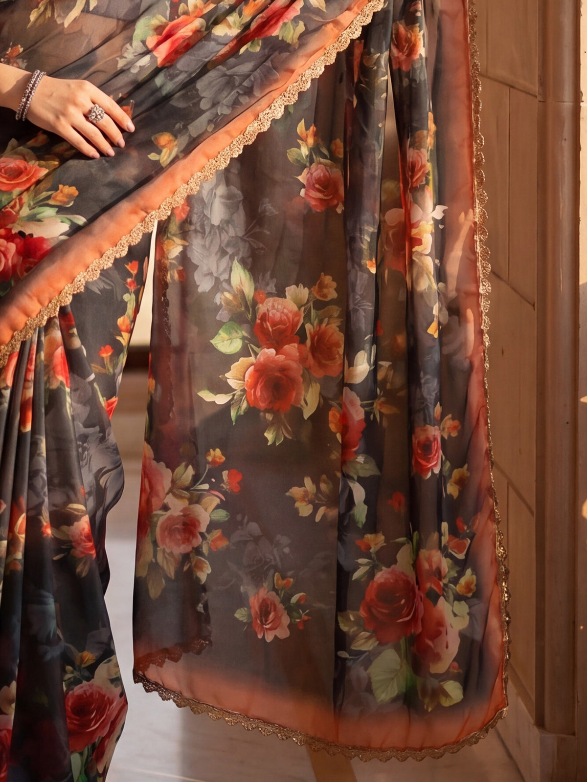 Charcoal Grey Organza saree – detail view 5
