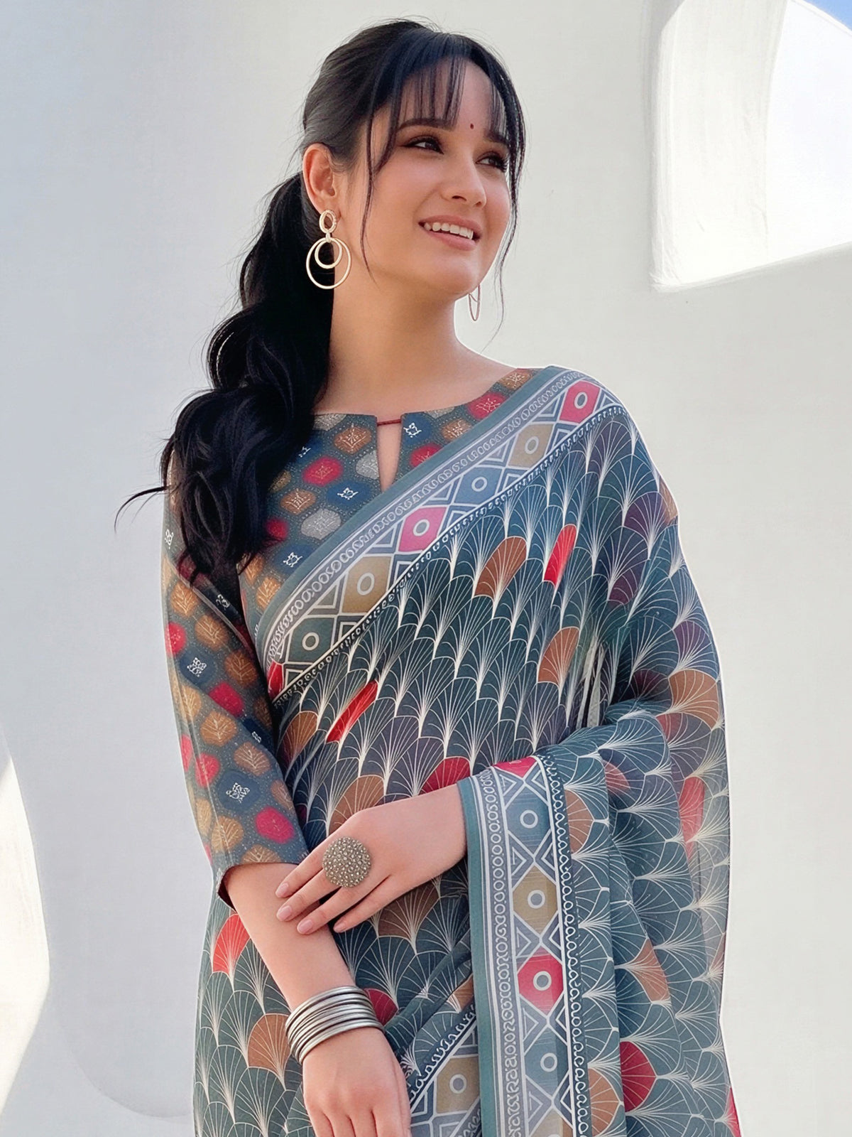 Sea Green Cotton Linen saree – detail view 4