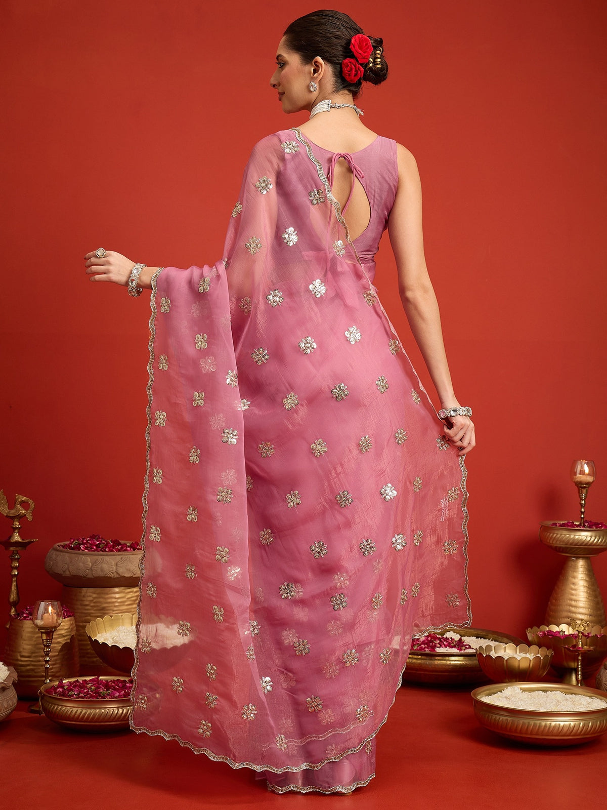 Pink Chiffon saree – detail view 6