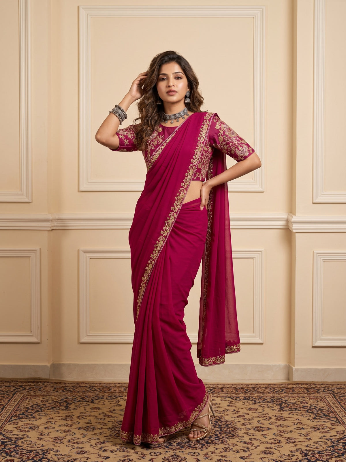 Pink Vichitra Silk saree – detail view 4
