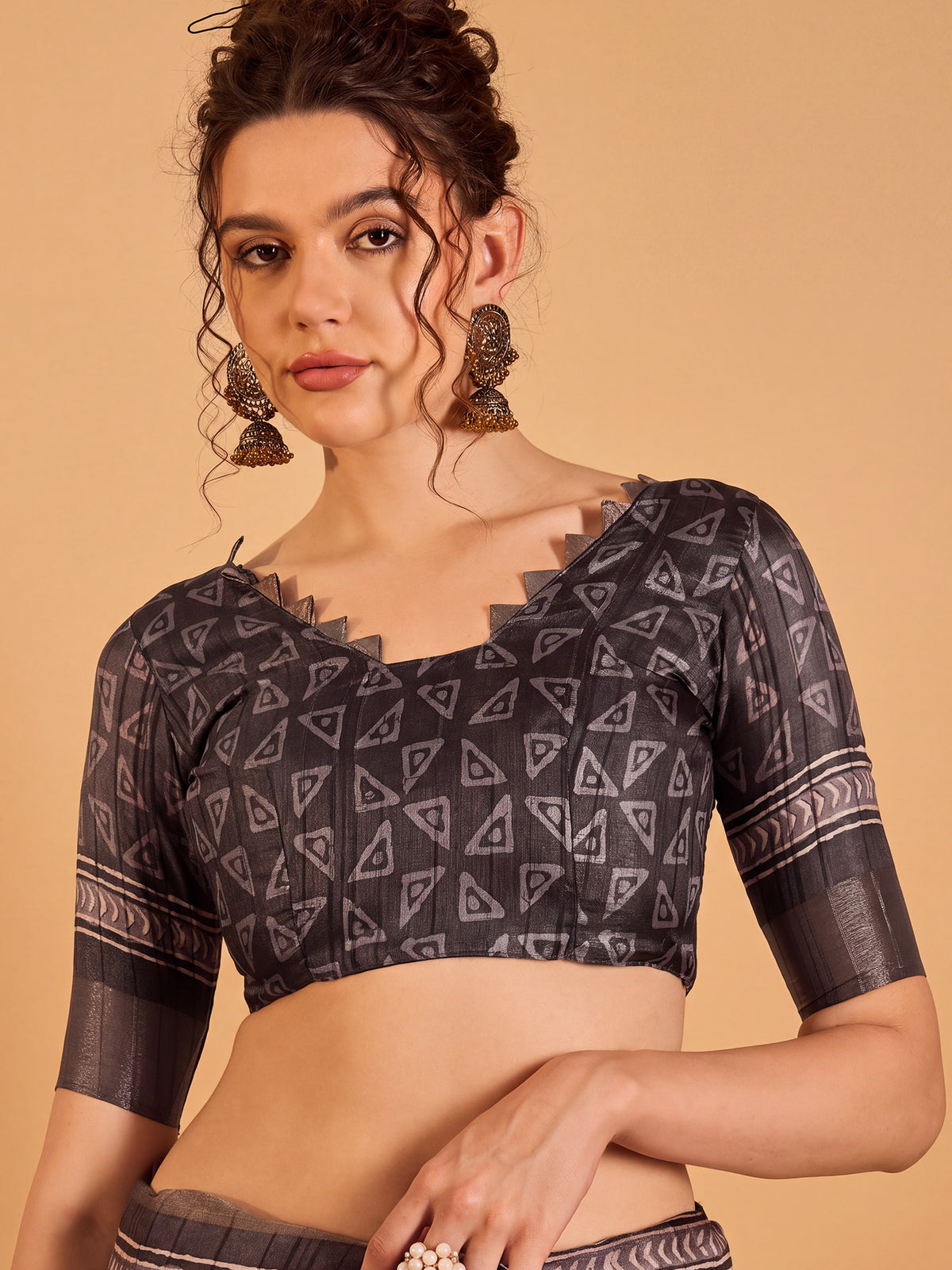 Unstitched black silk blend blouse piece with block prints design