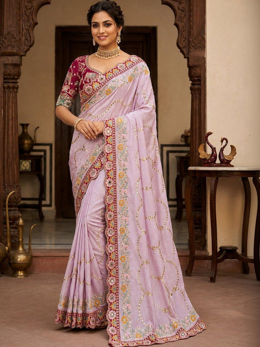 Woman wearing lavender pure georgette saree with all-over floral design and lavender blouse