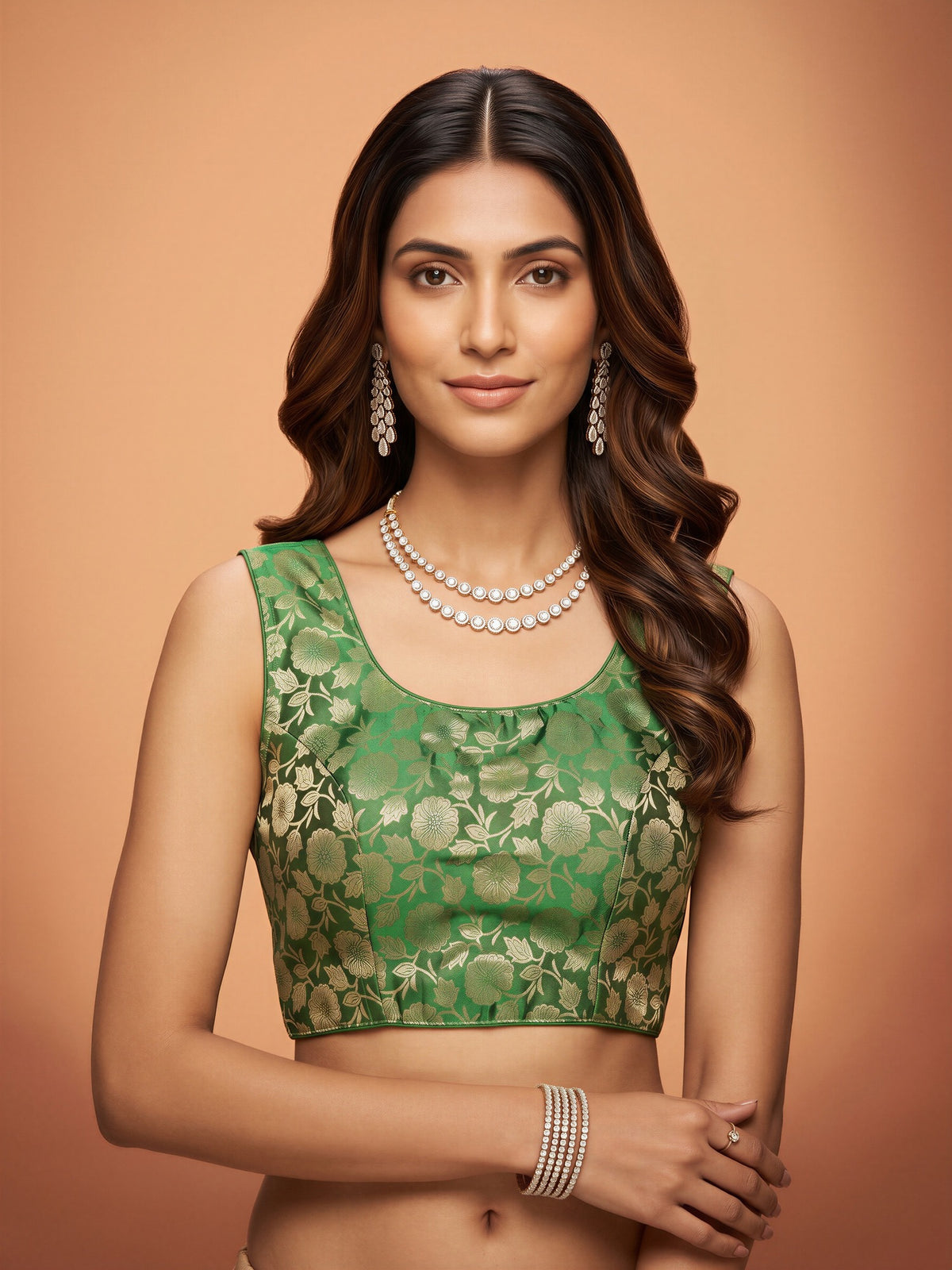 Green woven brocade silk blend sleeveless readymade saree blouse with round neck
