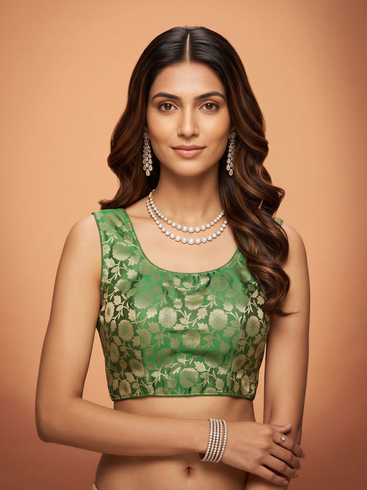 Green woven brocade silk blend sleeveless readymade saree blouse with round neck