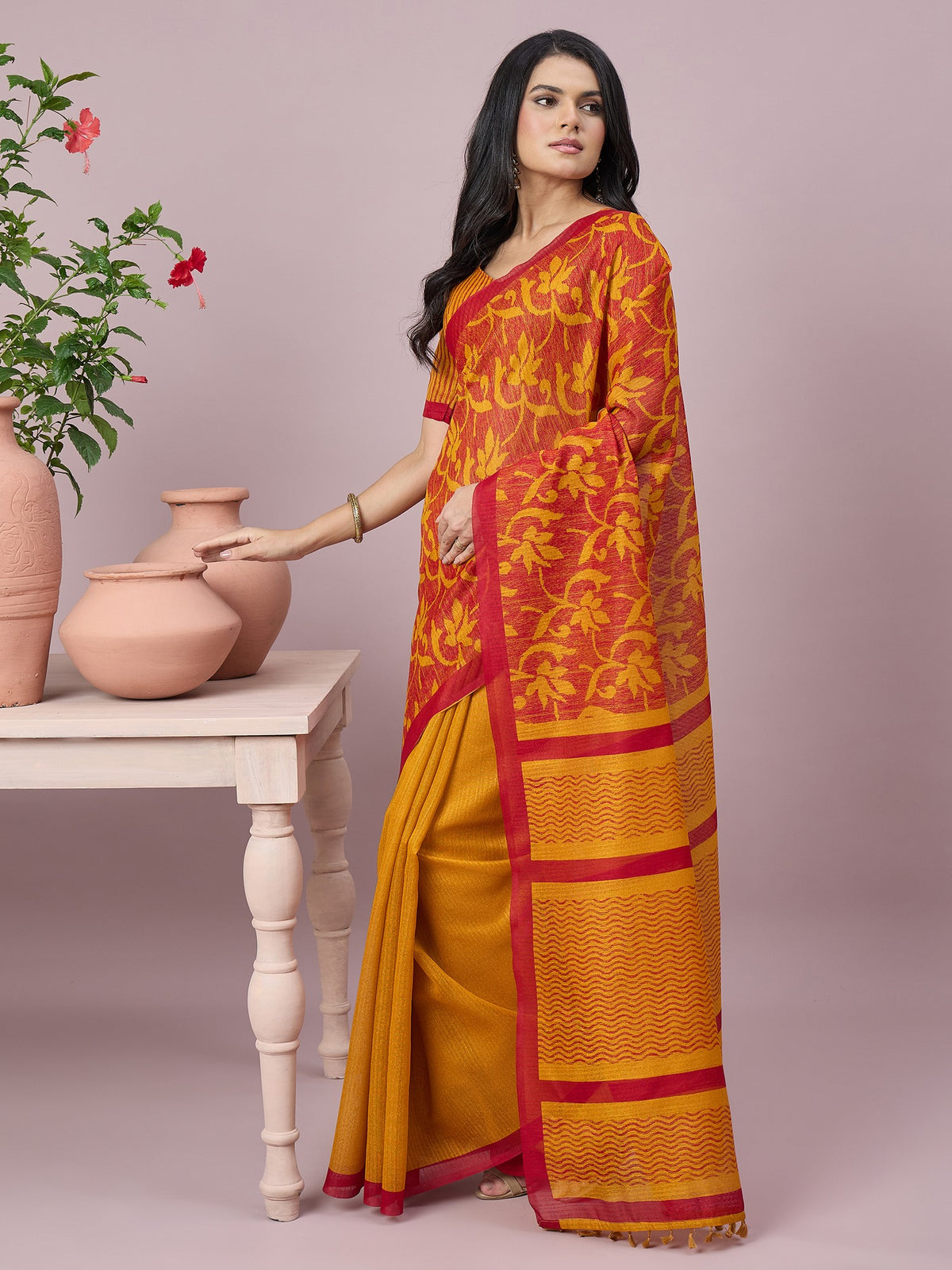 Mustard cotton slub saree view 3