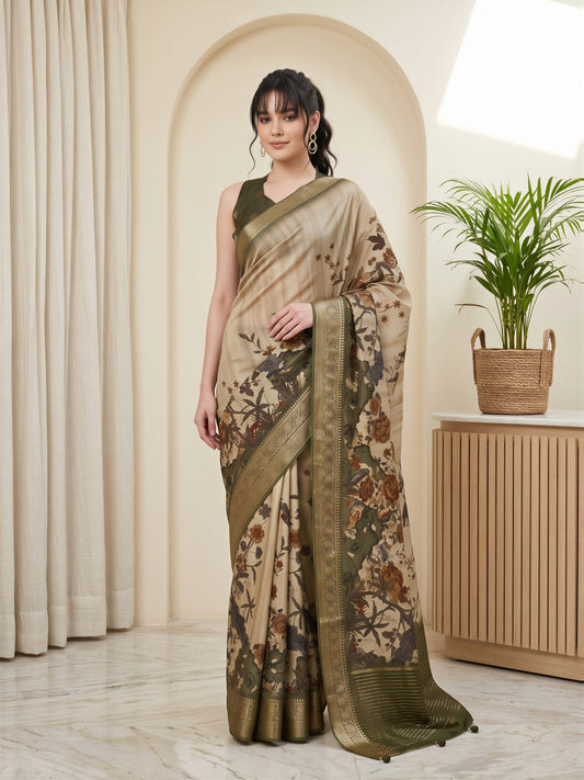 Woman wearing beige viscose silk saree with botanical floral and leaf design and olive blouse